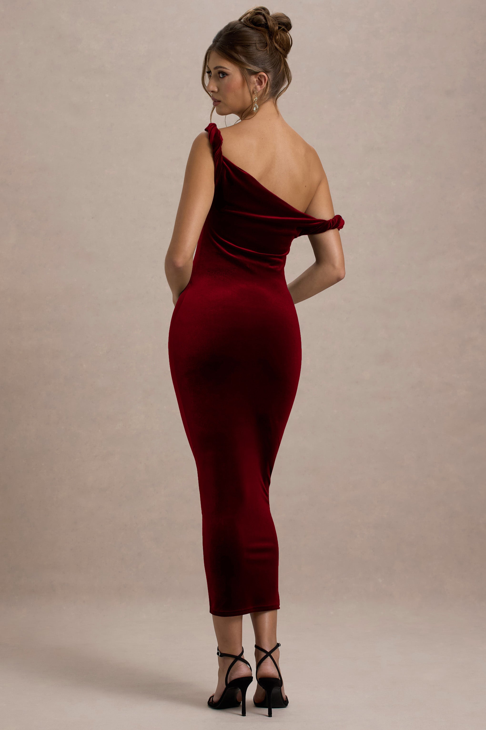 Carella | Berry Velvet Twisted Asymmetric Midi Dress-Sowoom