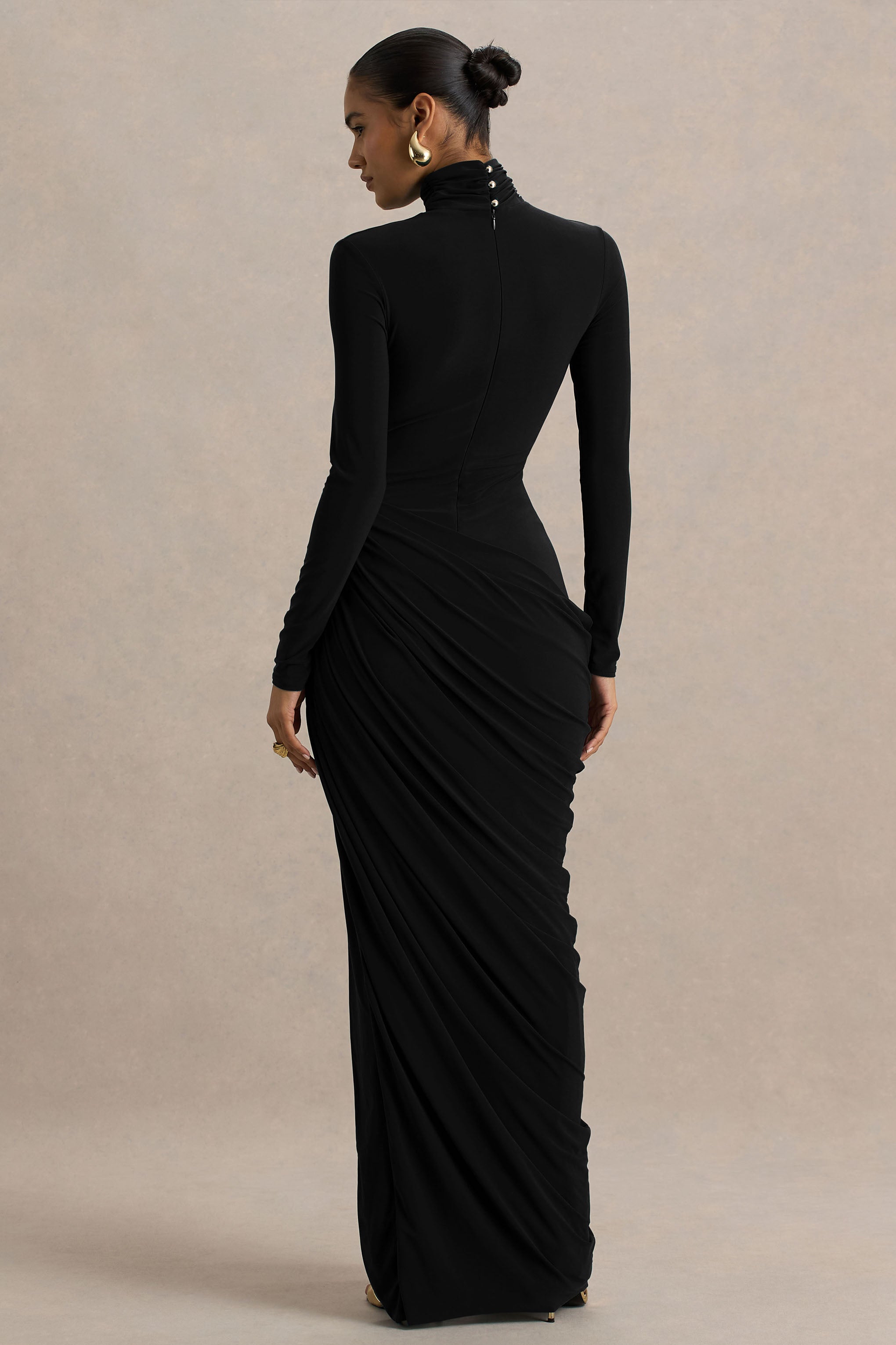 Betsy | Black High-Neck Maxi Dress With Front Split And Ruched Detailing-Sowoom
