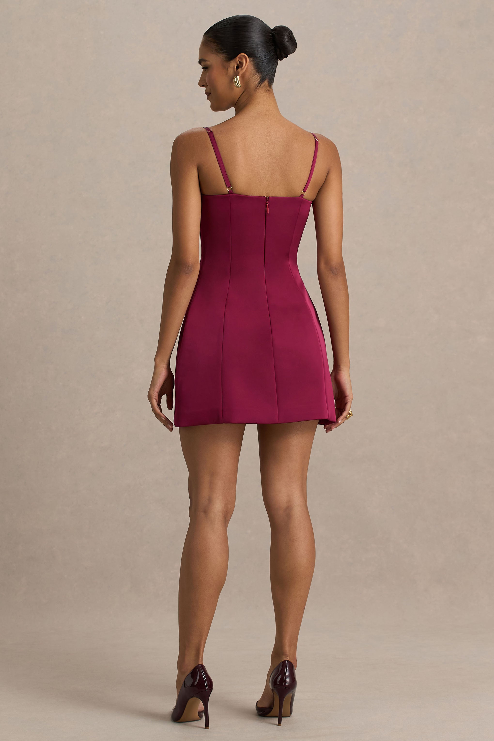 Elara | Burgundy Satin Plunge-Neck Mini Dress-Sowoom