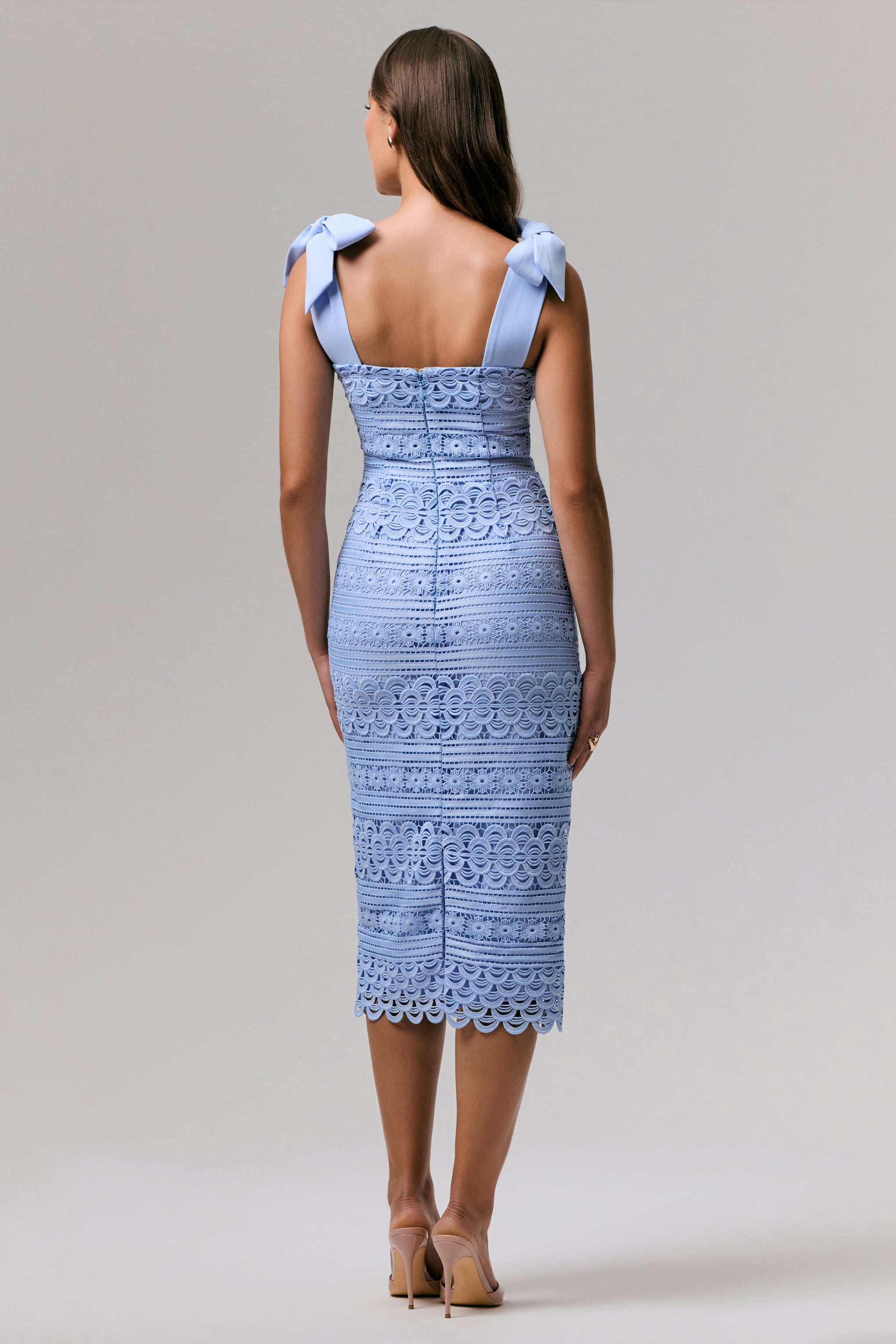 Precious Treasure | Powder Blue Square-Neck Midi Dress With Tie Details-Sowoom