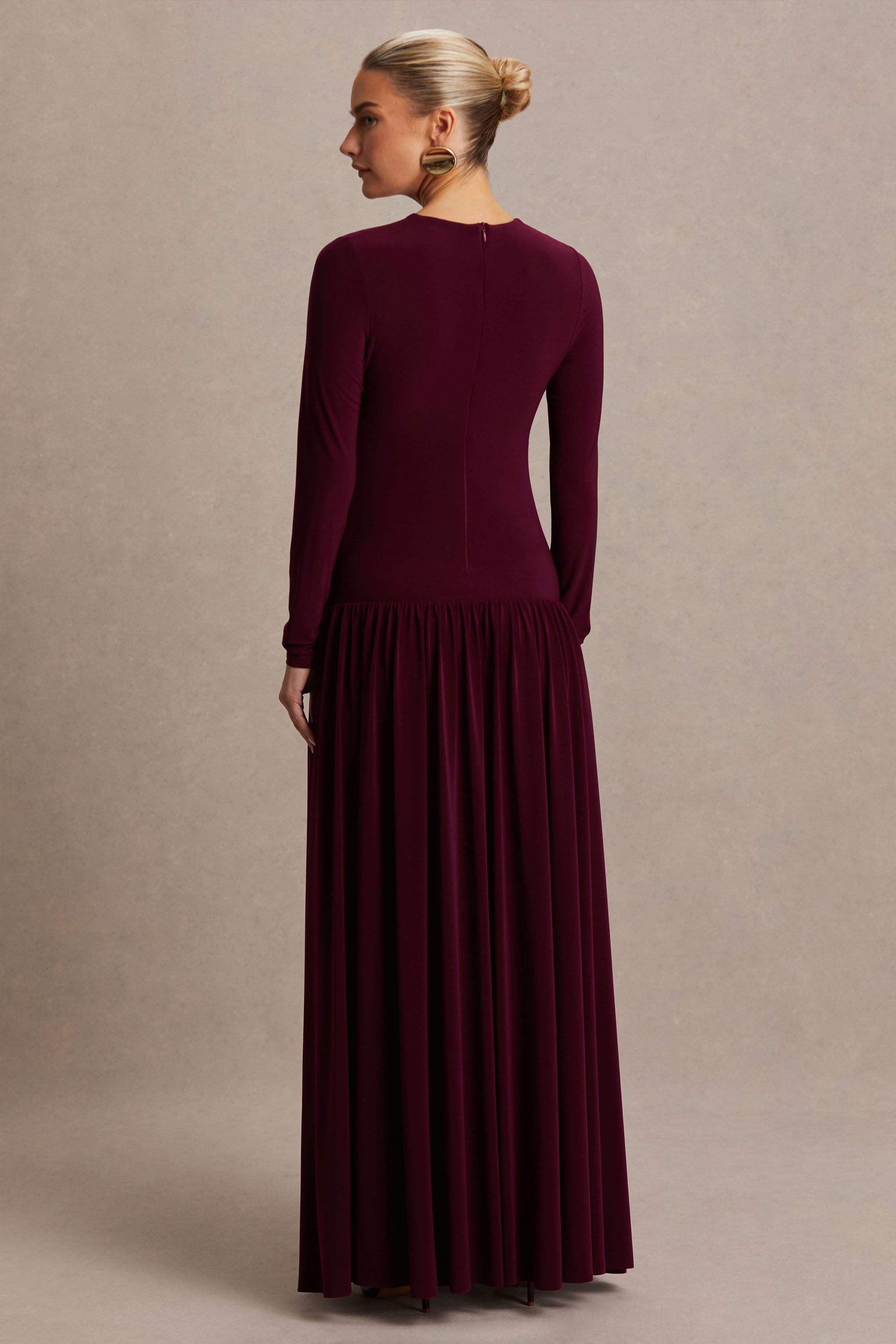 Monroe | Burgundy Crew-Neck Maternity Maxi Dress With Drop-Waist-Sowoom