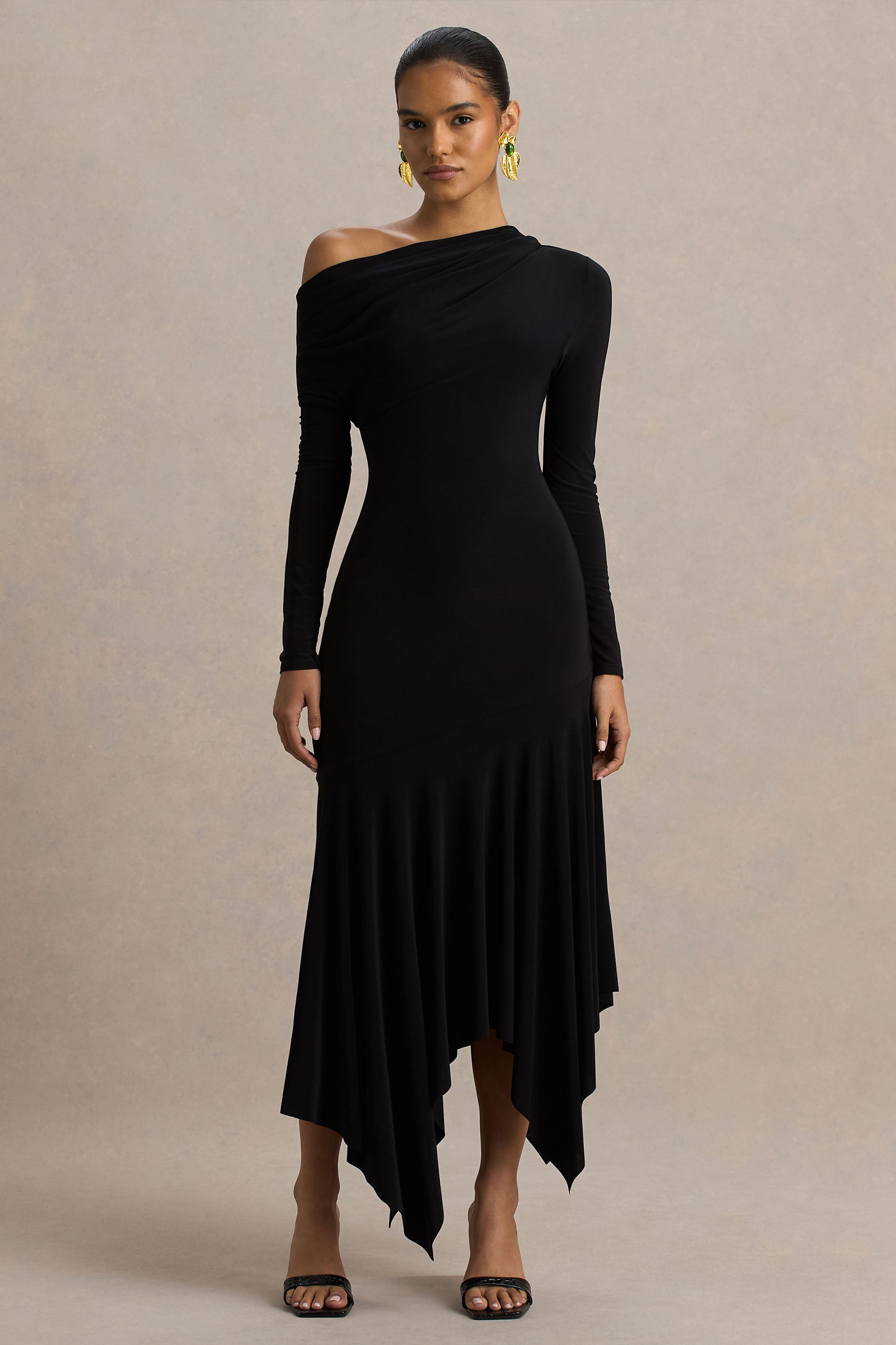 Isola | Black Asymmetric-Neck Midi Dress With Hanky-Hem-Sowoom