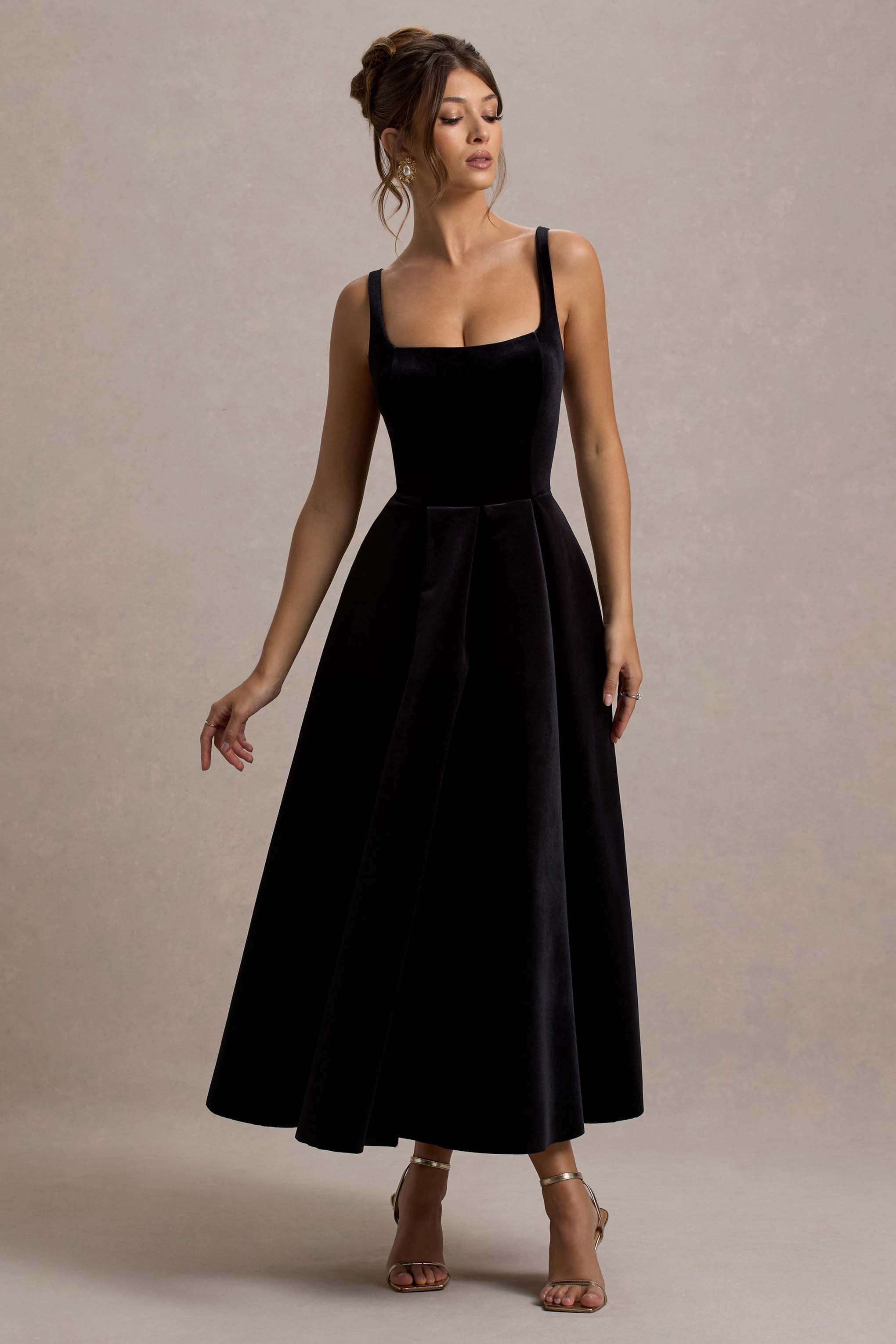 Francisca | Black Velvet Strappy Volume-Hem Midi Dress-Sowoom