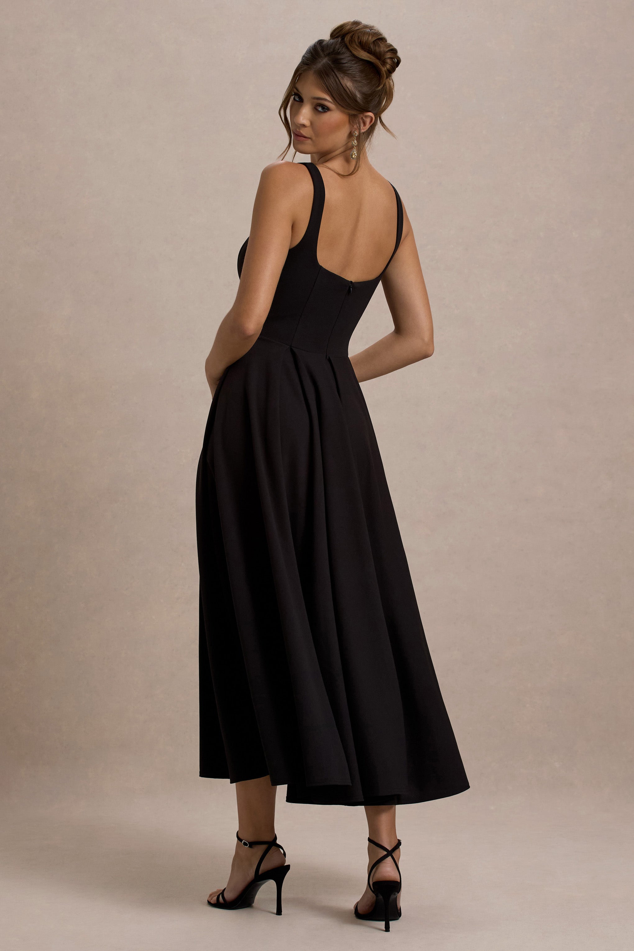 Parina | Black Strappy Volume-Hem Midi Dress-Sowoom