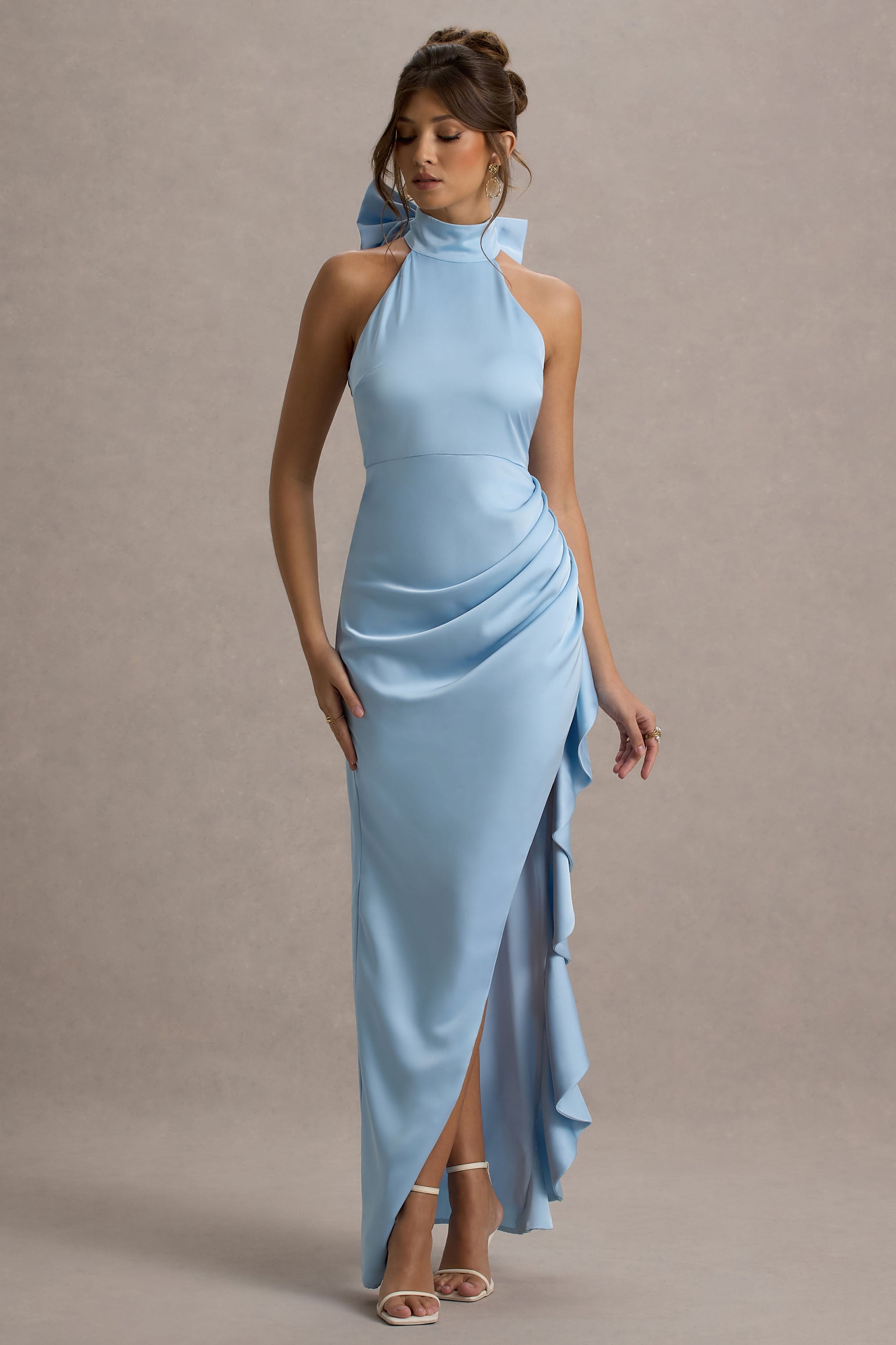 Maureen | Powder Blue Satin High-Neck Draped Maxi Dress-Sowoom