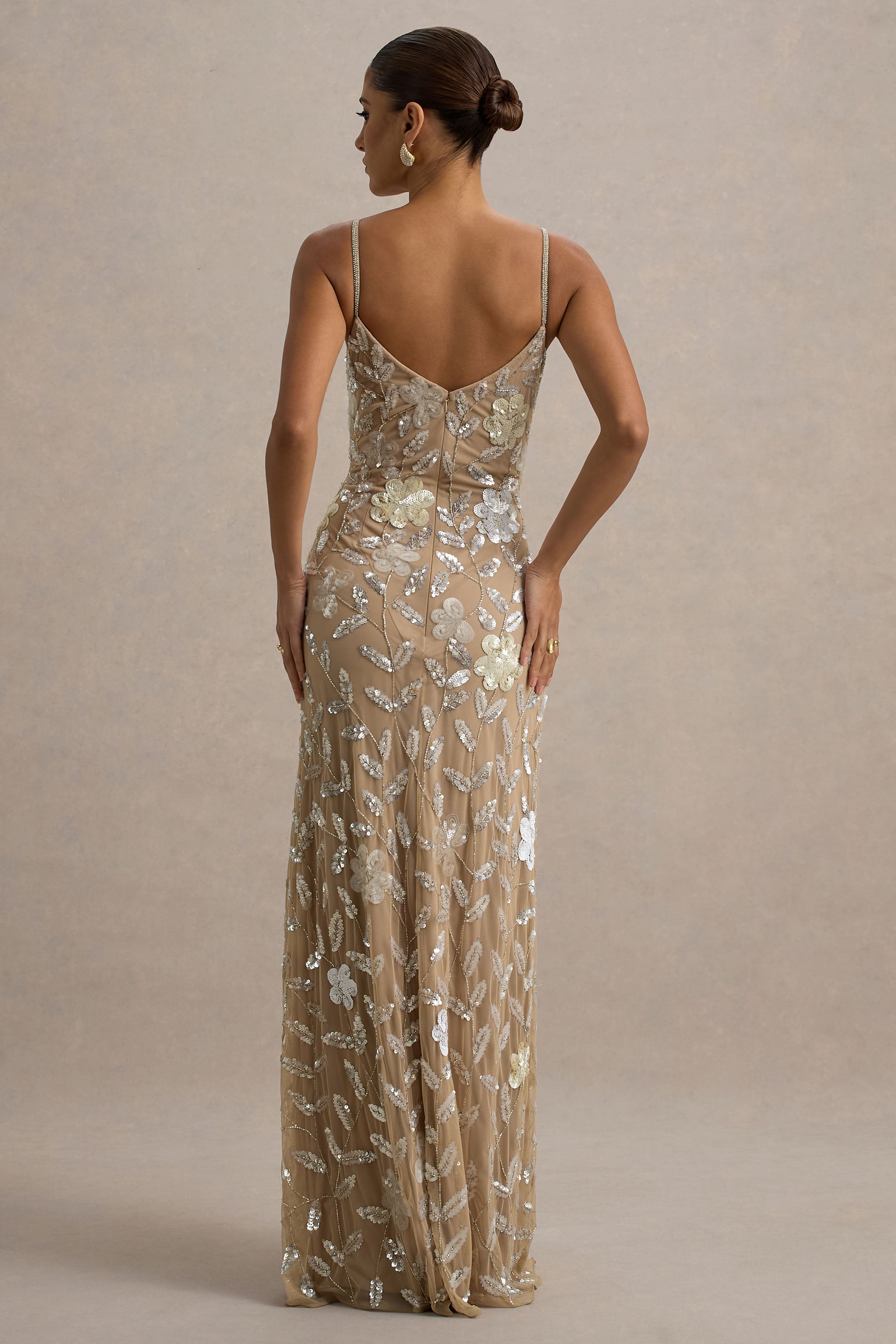 Gemini | Floral Sequin Hand-Embellished Strappy Maxi Dress-Sowoom