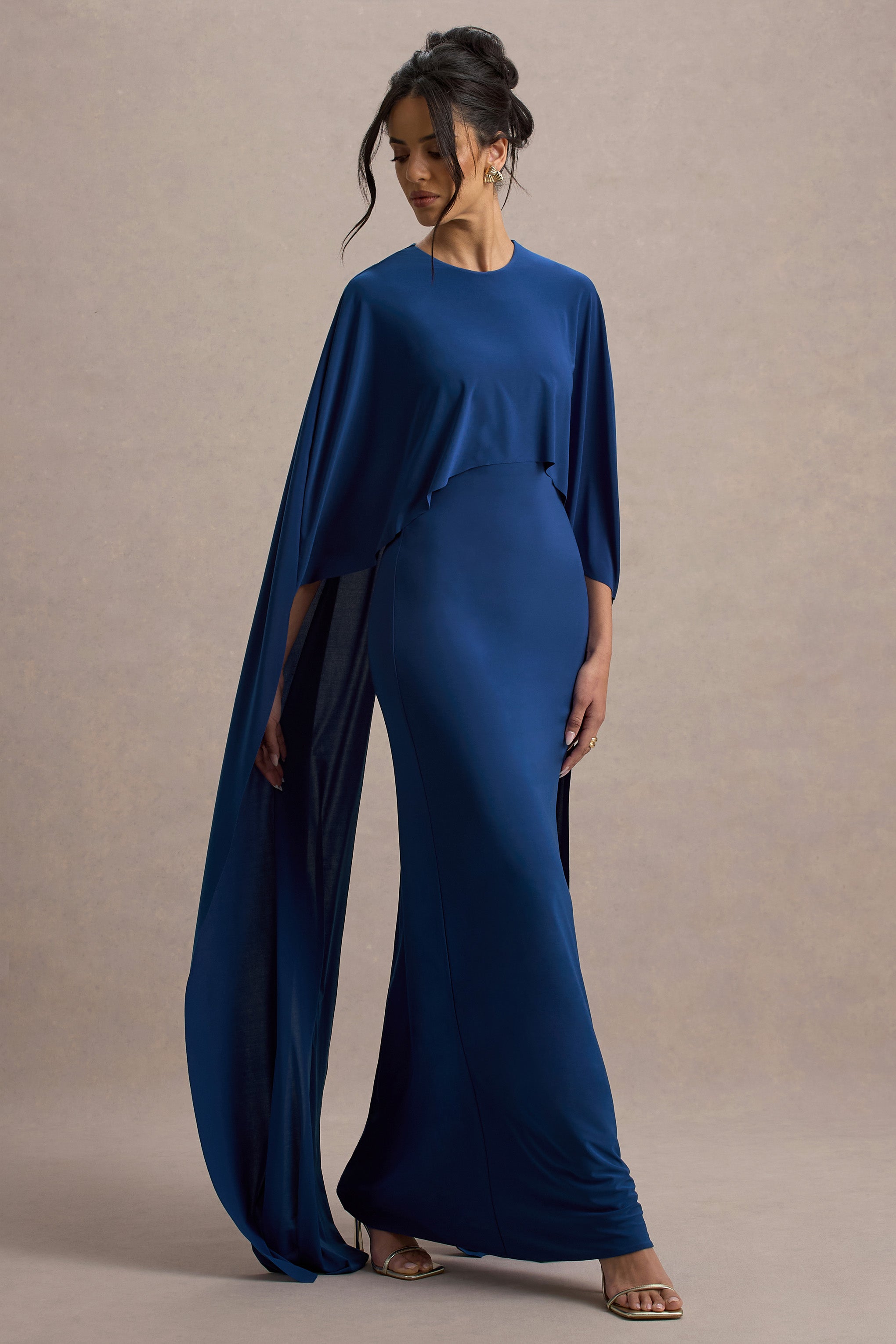 Padma | Blue Draped Maxi Dress With Cape Sleeves-Sowoom