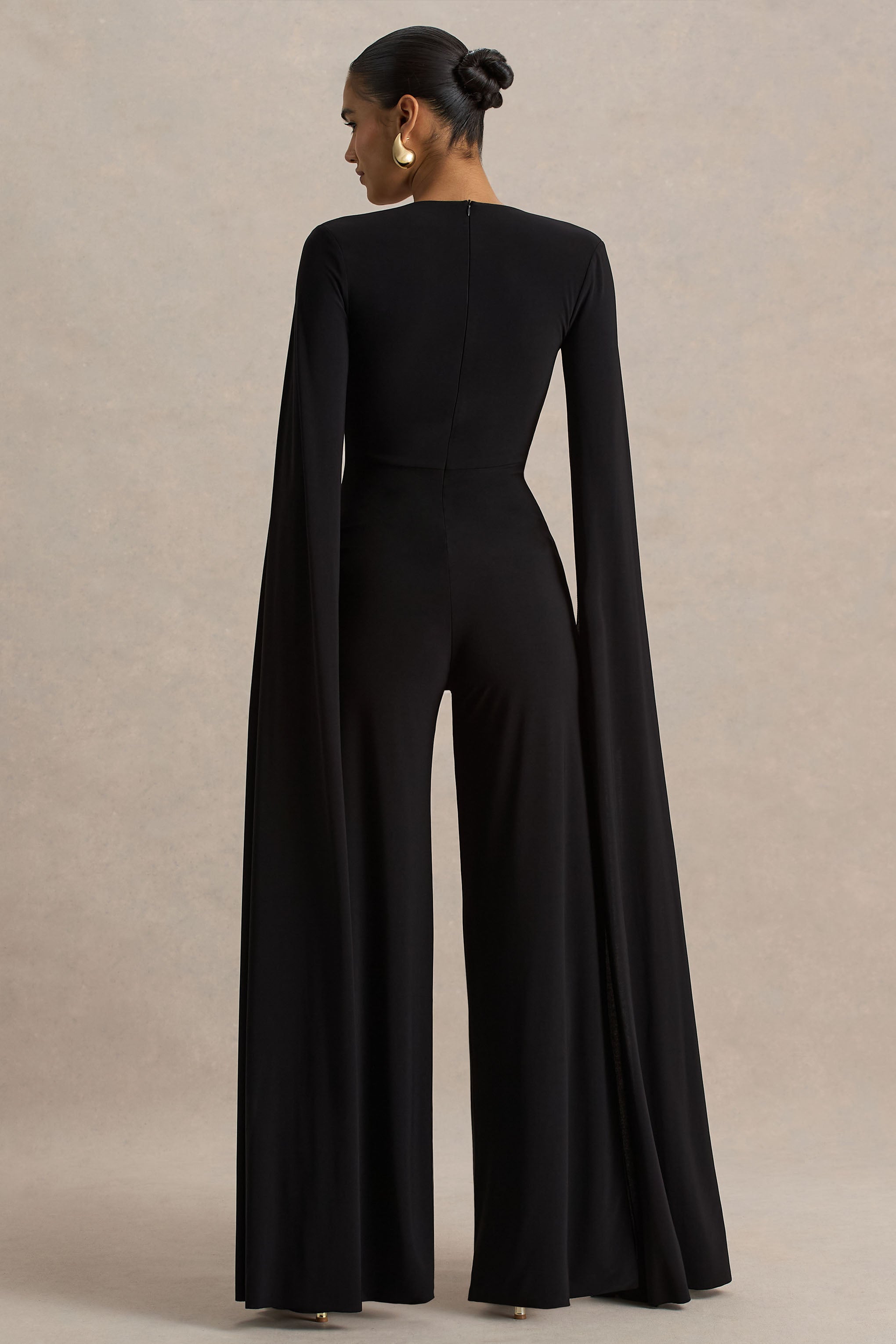 Zara | Black Square-Neck Jumpsuit With Cape Sleeves-Sowoom