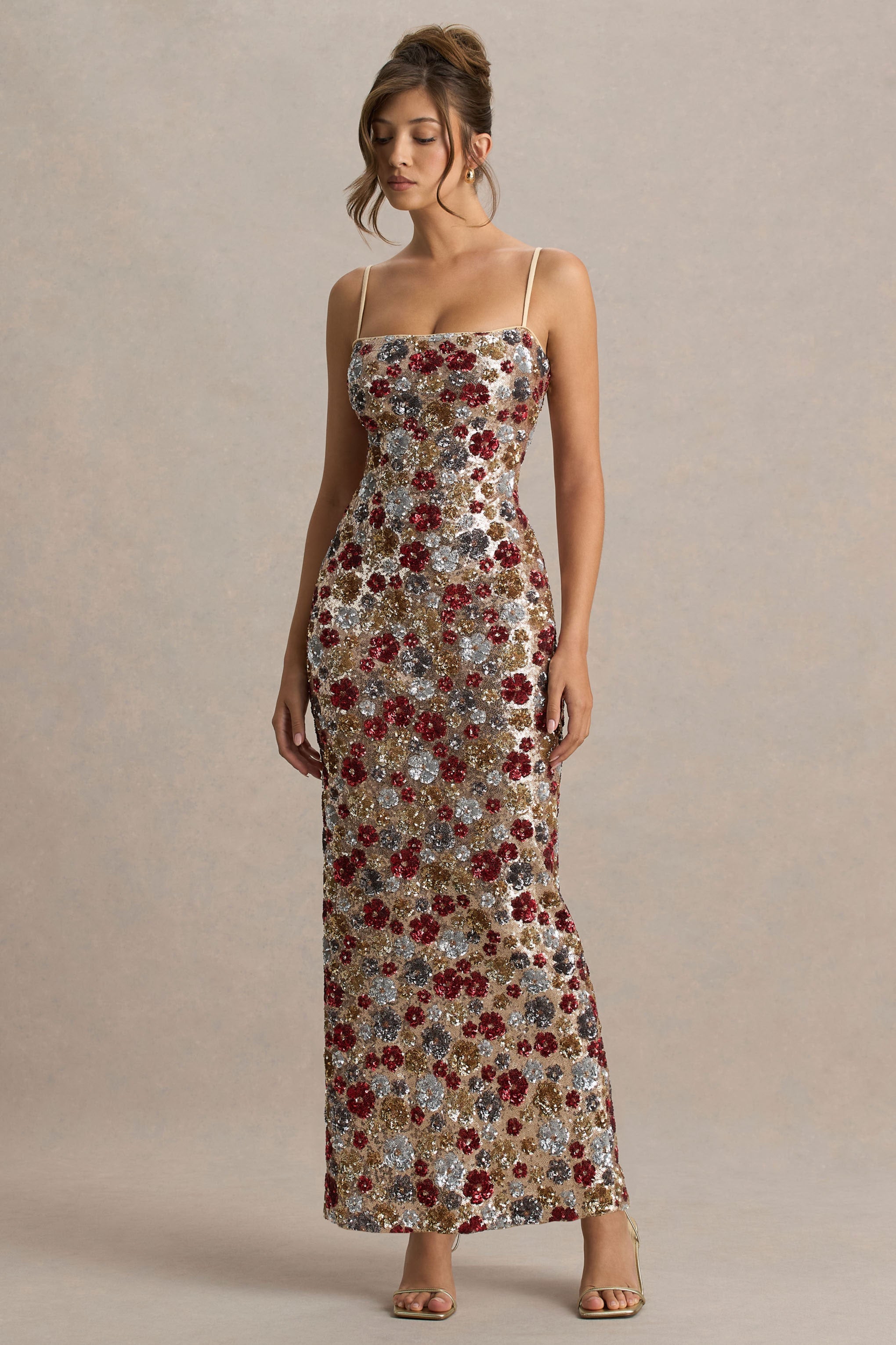 Vitora | Red Floral Embellished Sequin Square-Neck Maxi Dress-Sowoom