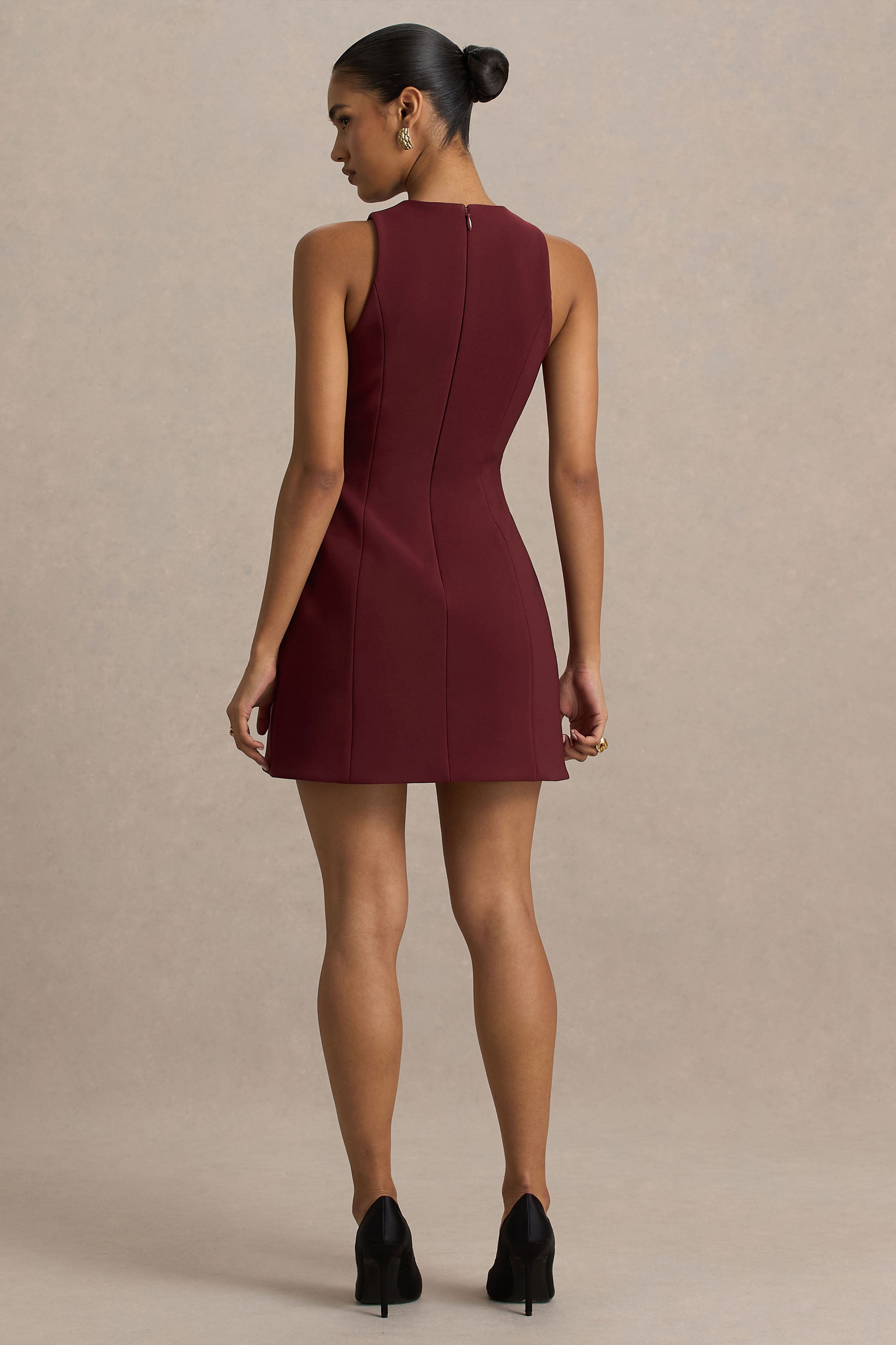 Belony | Dark Plum Crew-Neck Mini Dress With Button Detailing-Sowoom