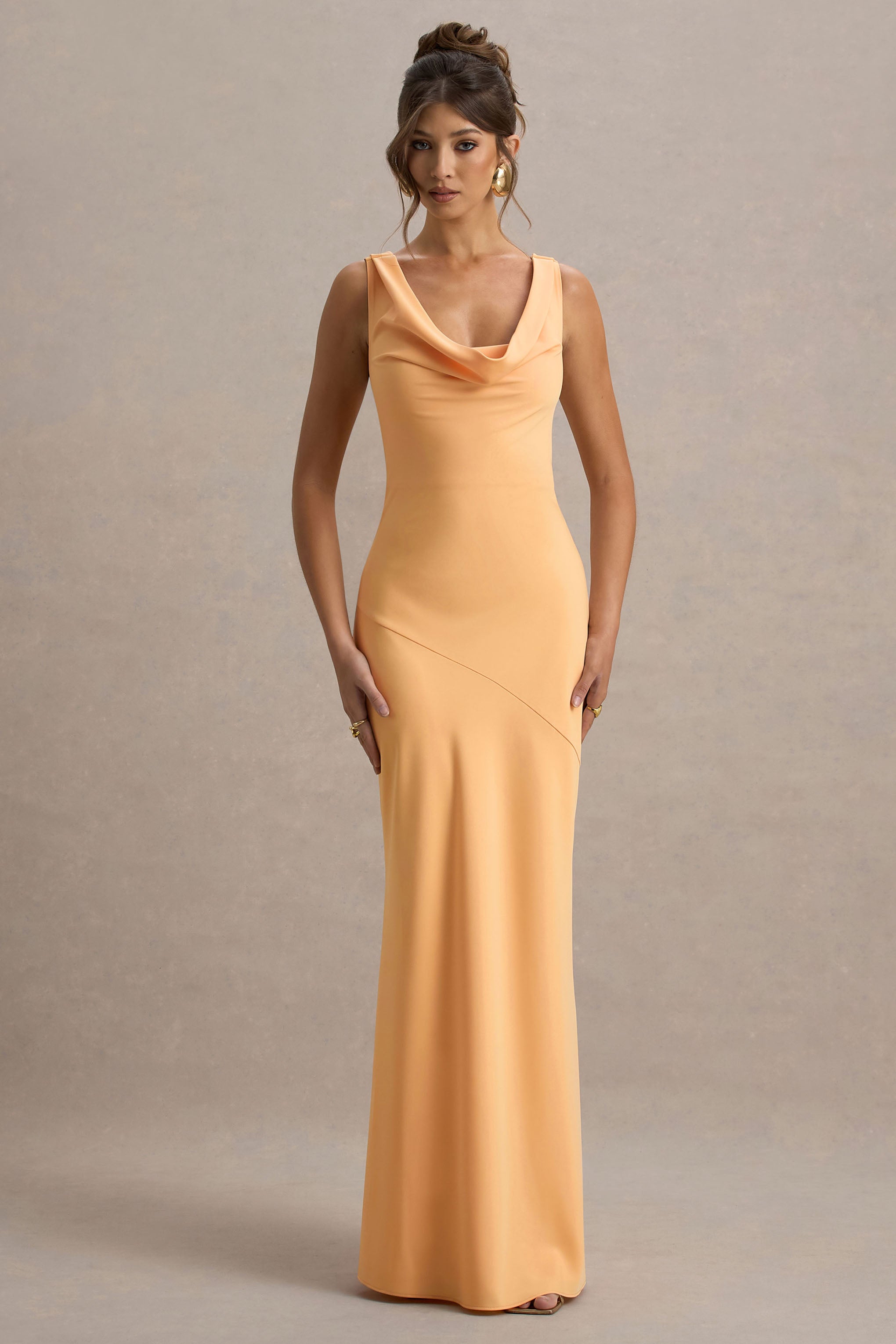 Alesso | Peach Satin Cowl-Neck Slip-Maxi Dress-Sowoom
