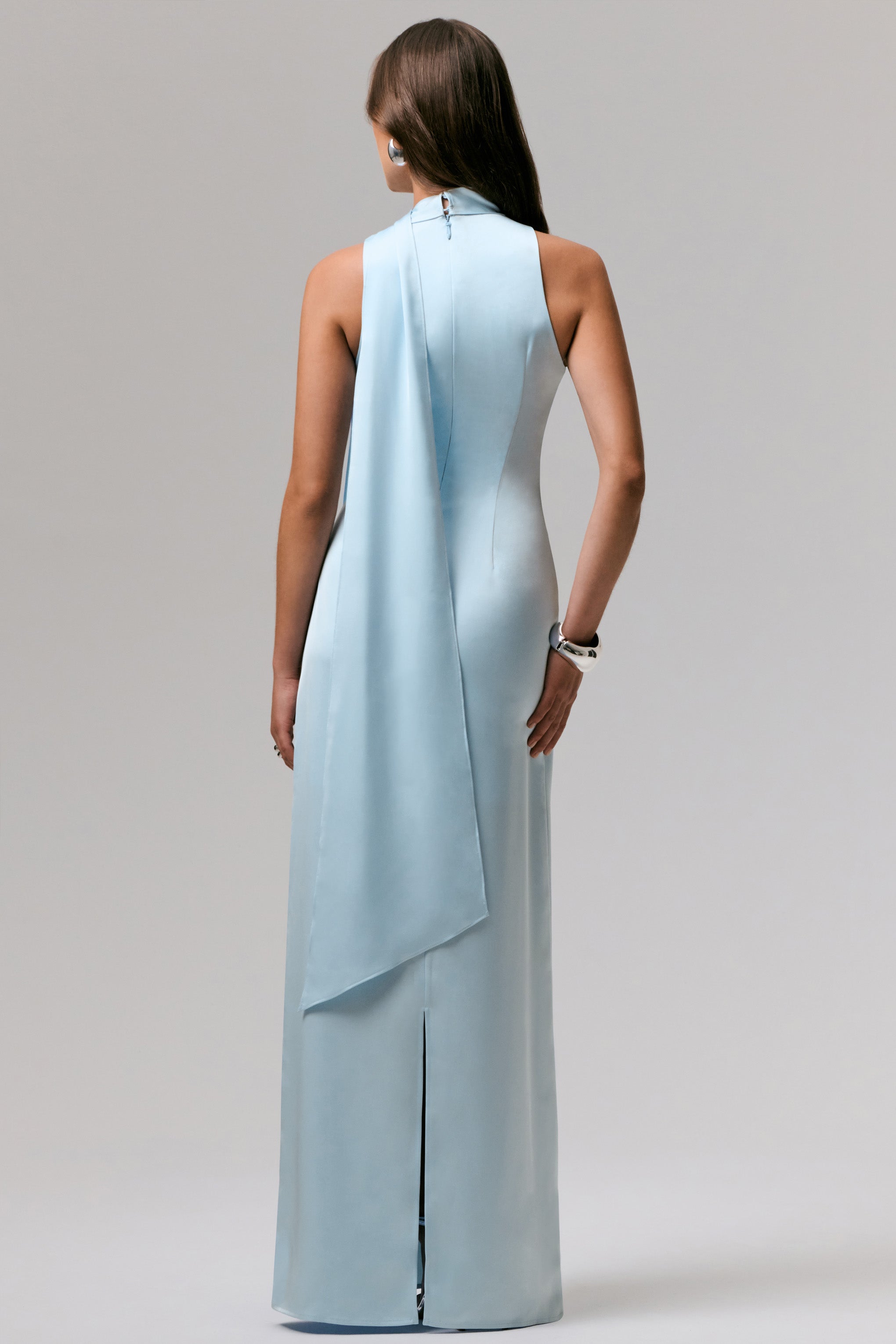 True Icon | Powder Blue Satin V-Neck Maxi Slip Dress With Sash-Sowoom