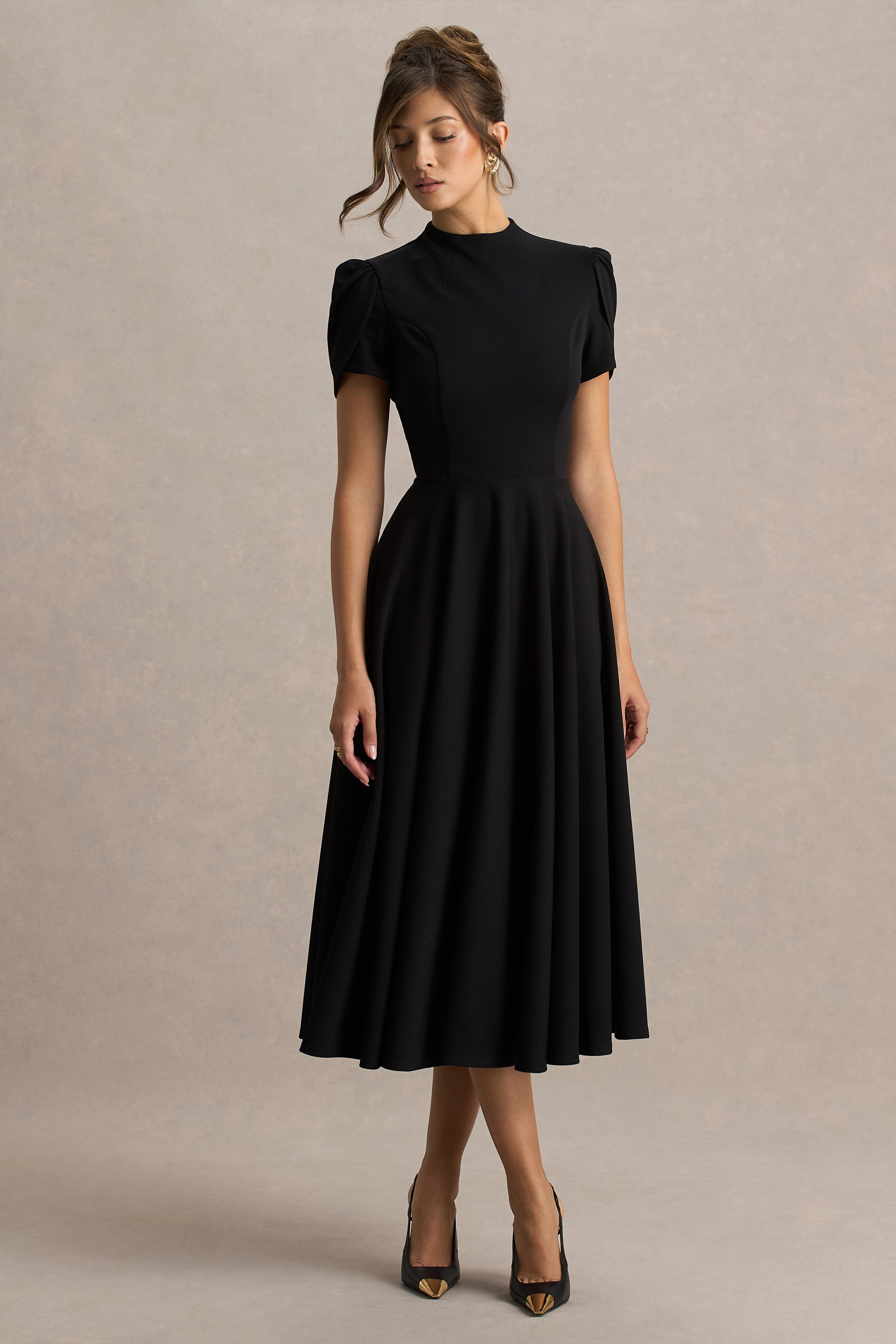 Vicky | Black High Neck Midi Dress With Puff Sleeves-Sowoom