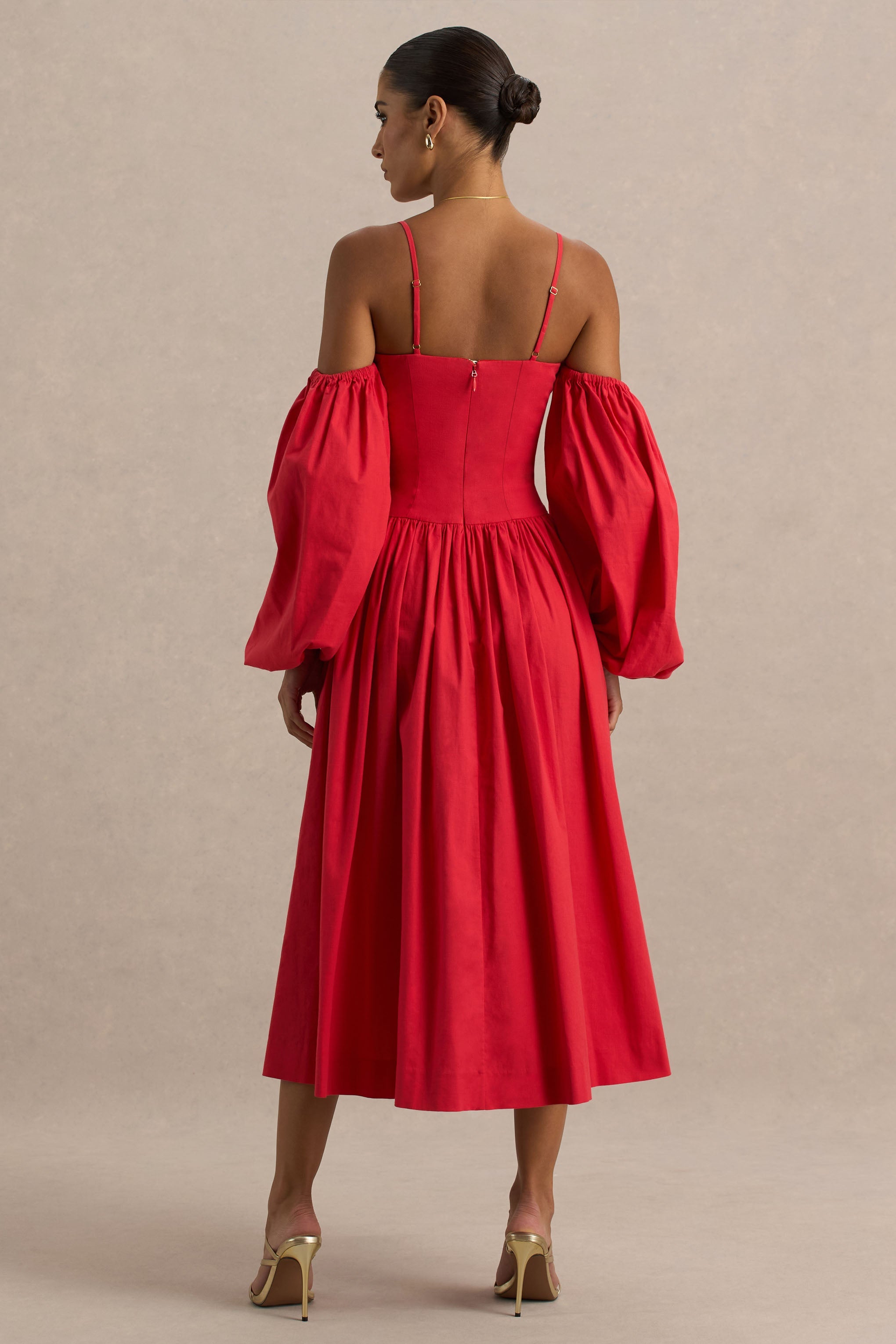 Macie | Red Sweetheart Midi Dress With Balloon Sleeves-Sowoom