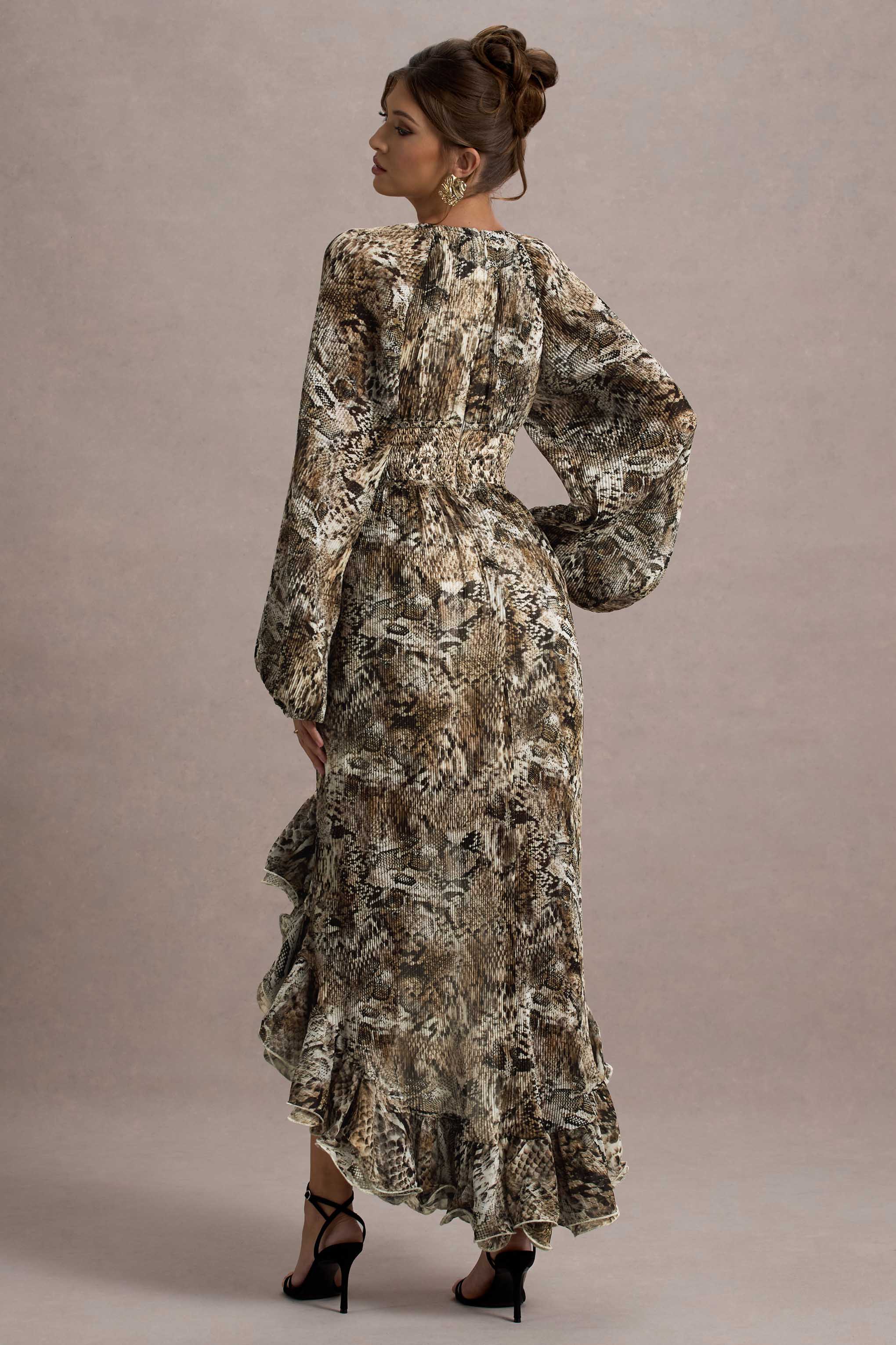 Namir | Snake Print High-Low Chiffon Maxi Dress-Sowoom