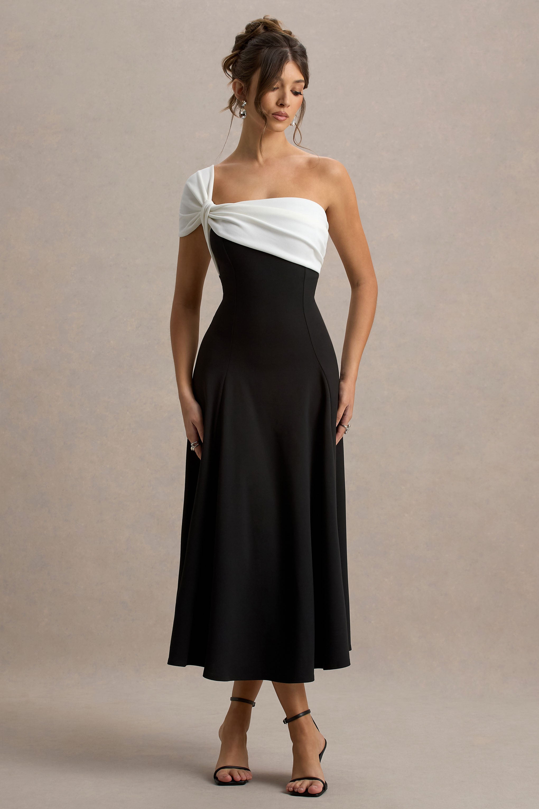 Malta | Black & White One-Shoulder Midi Dress-Sowoom