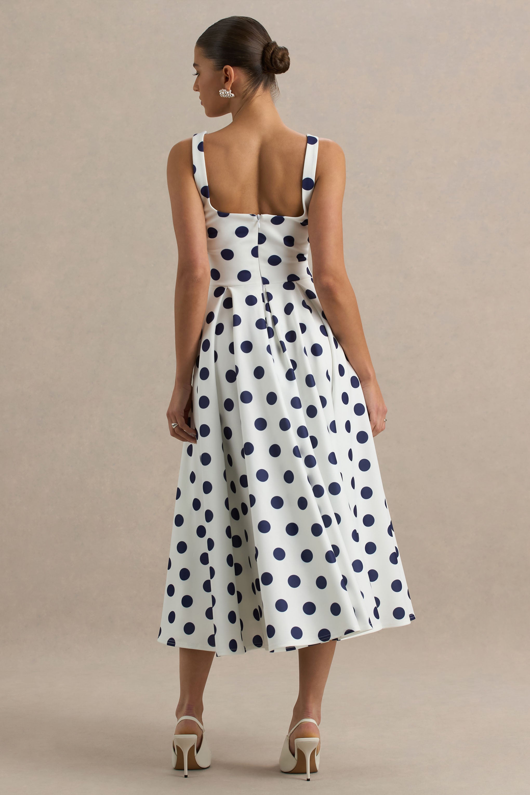 Berta | White And Navy Polka-Dot Square-Neck Midi Dress-Sowoom