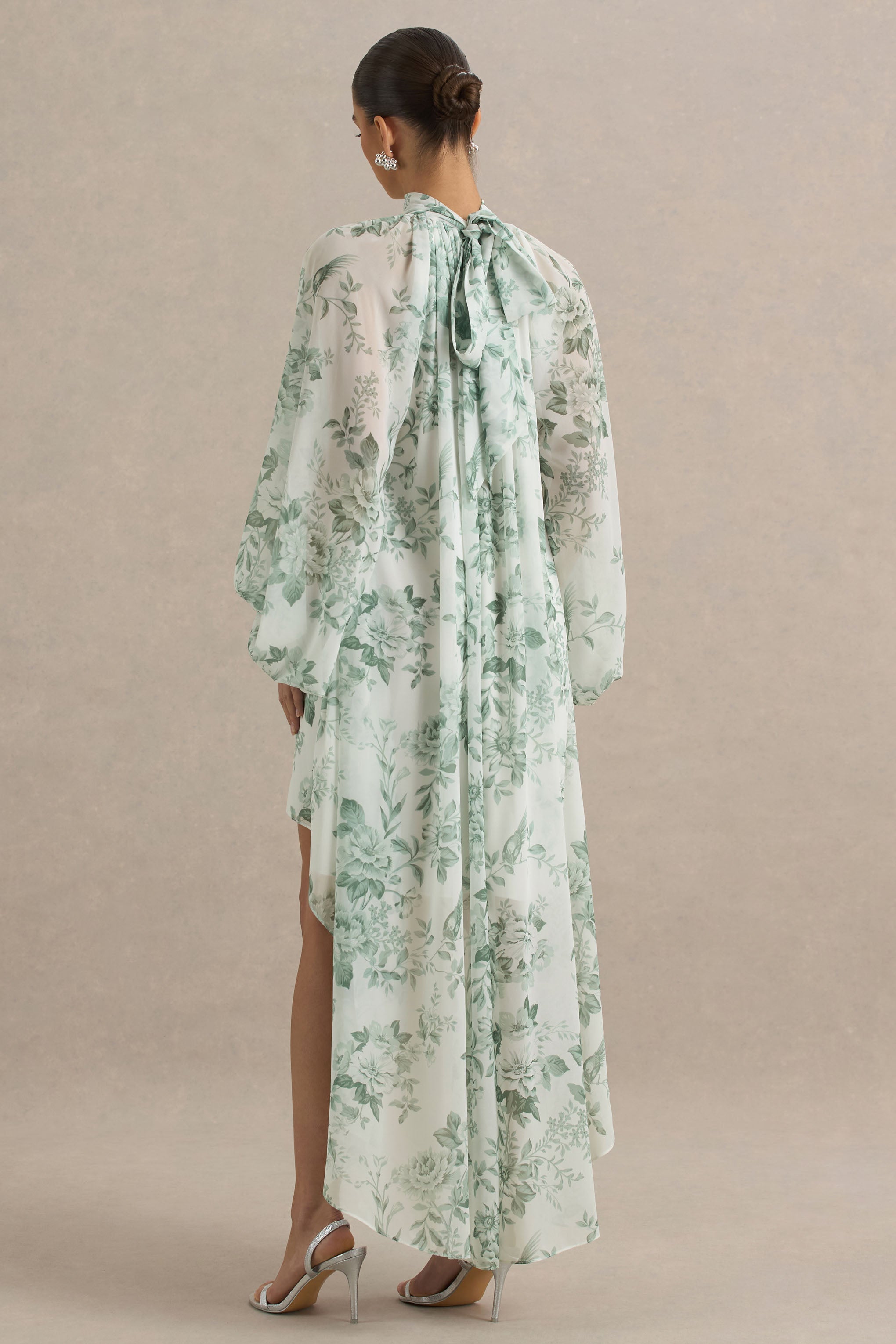 Delphia | Green Floral Print High-Neck Maxi Dress-Sowoom