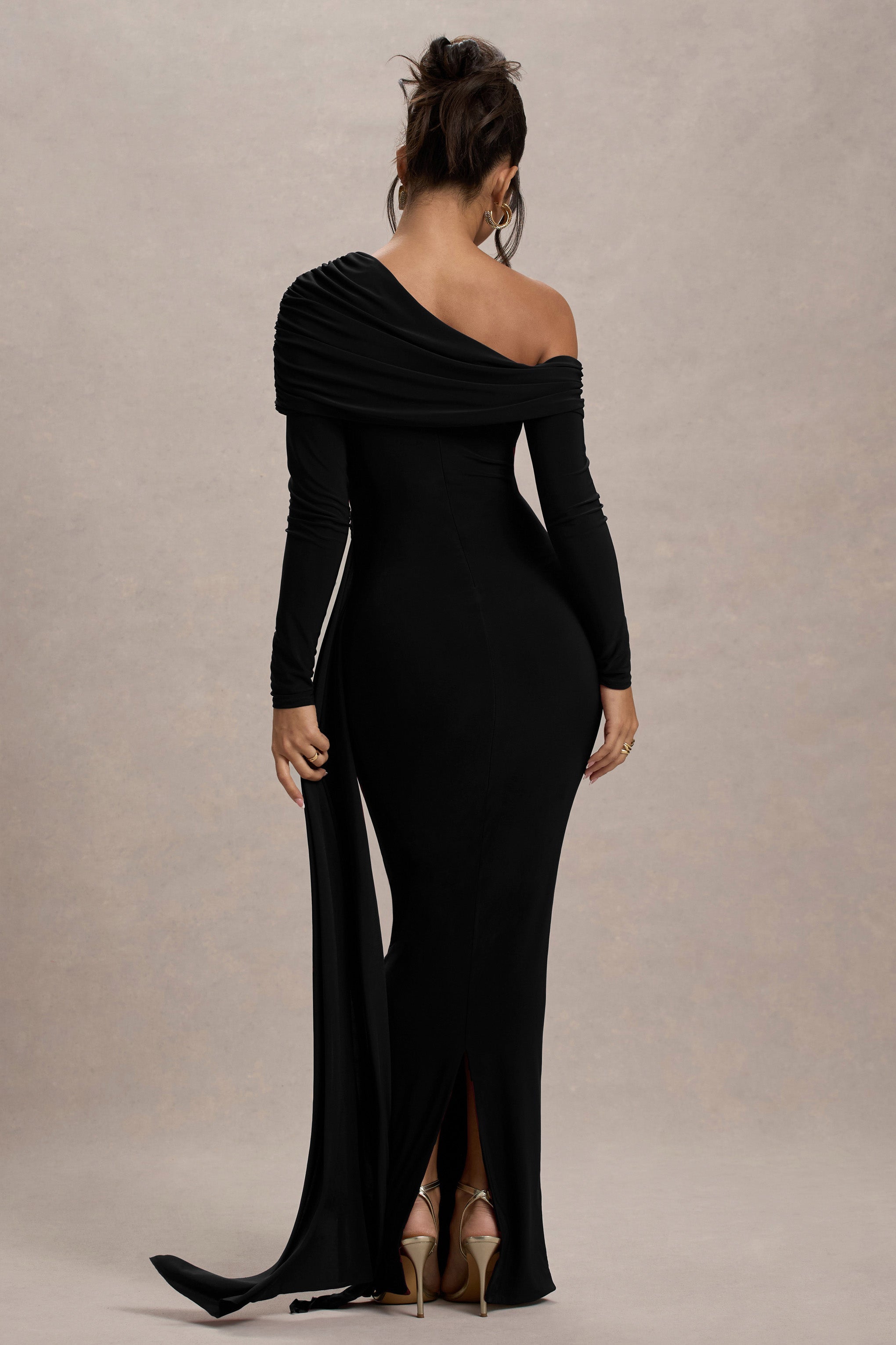 Valina | Black Ruched Asymmetric Maxi Dress With Drape-Sowoom