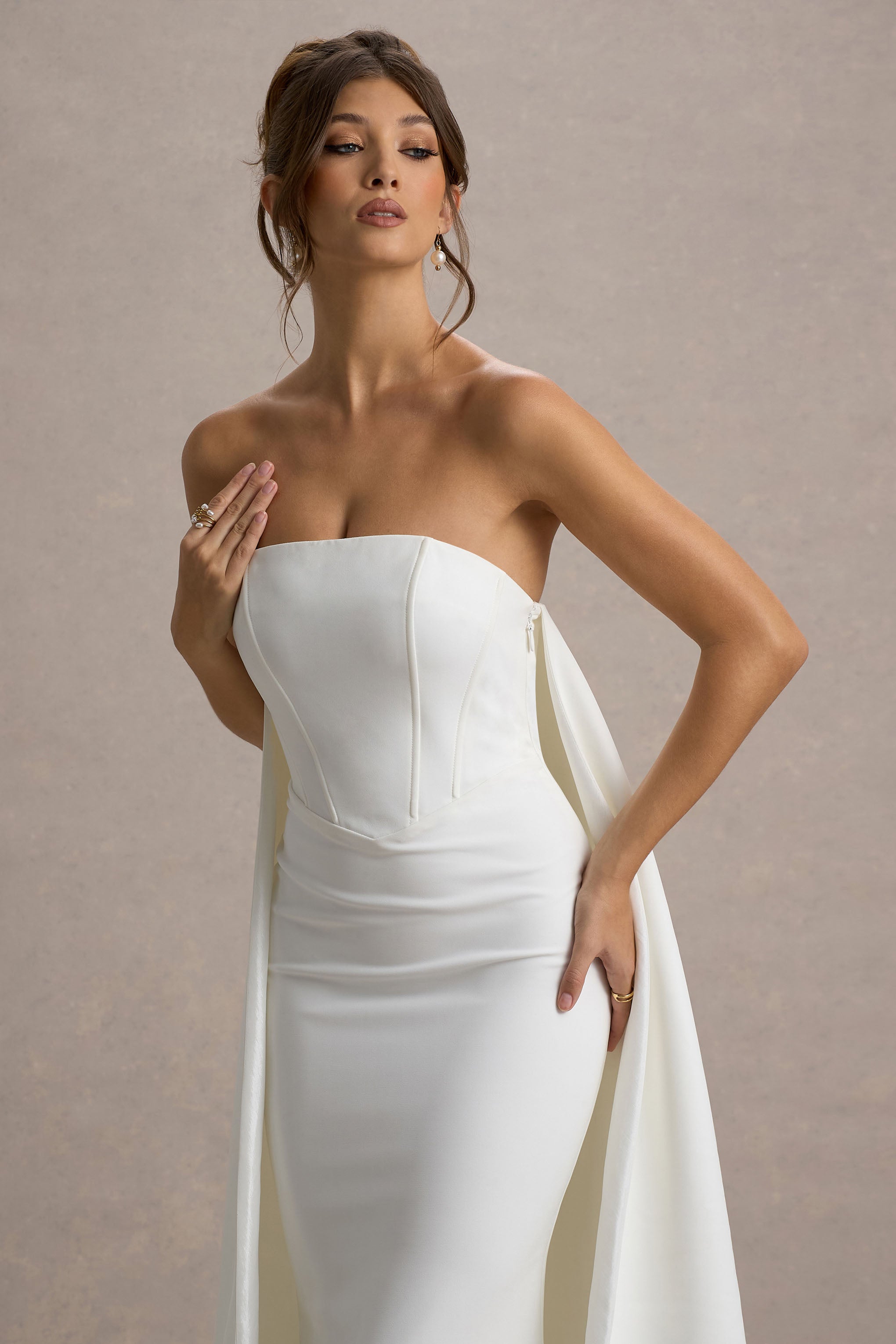 She's Trouble | White Bandeau Maxi Dress With Cape-Sowoom