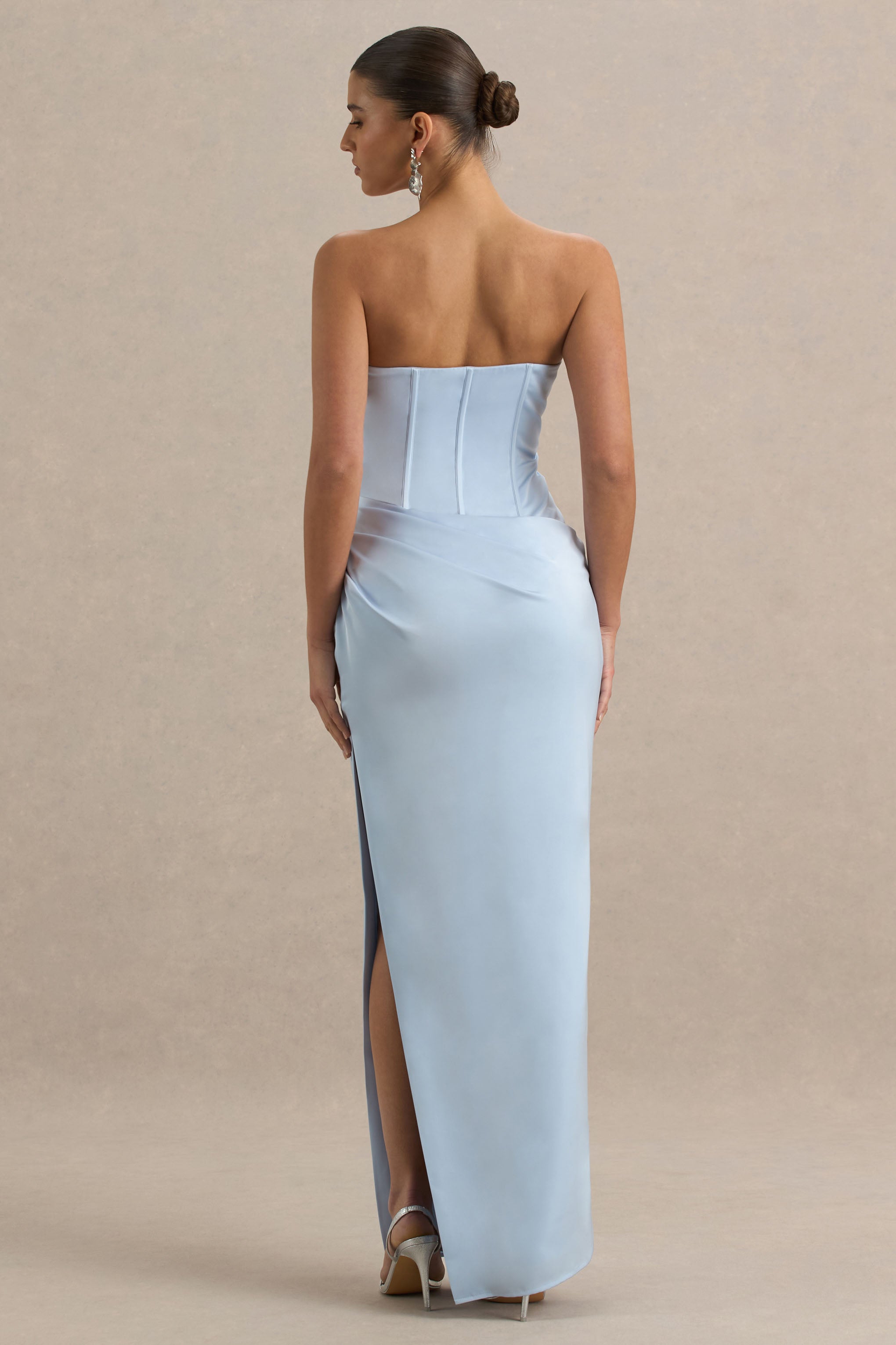 Joseline | Powder Blue Satin Corset Wrap Maxi Dress With Scarf-Sowoom