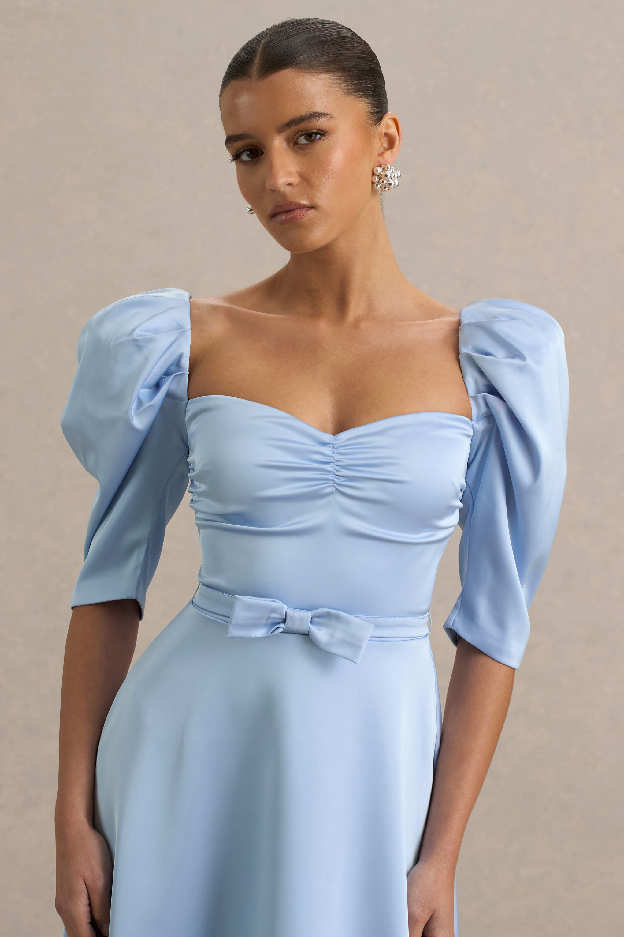 Rosey | Powder Blue Satin Sweetheart Midi Dress-Sowoom