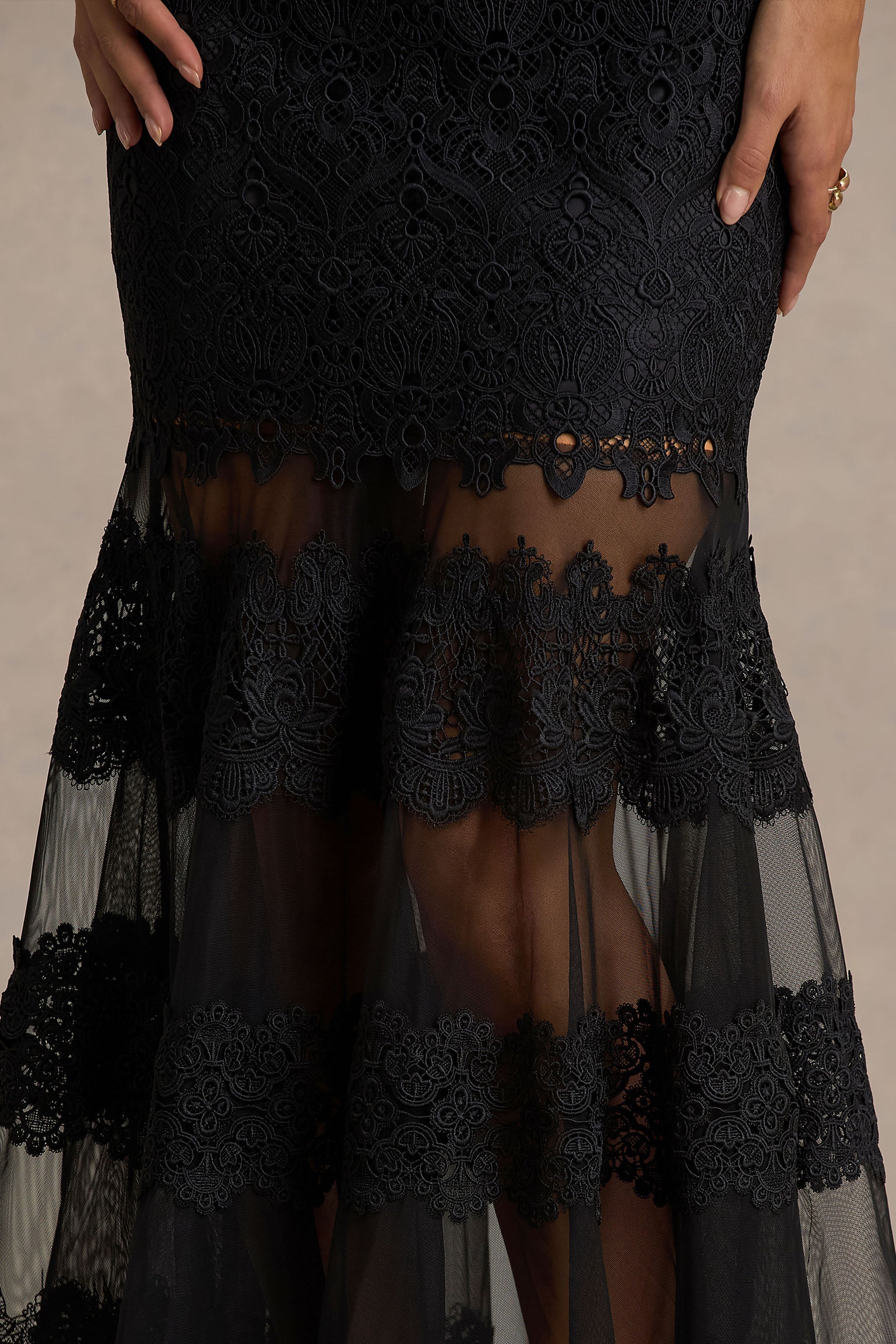 Leanne | Black Mesh And Lace Crew-Neck Fishtail Midi Dress-Sowoom