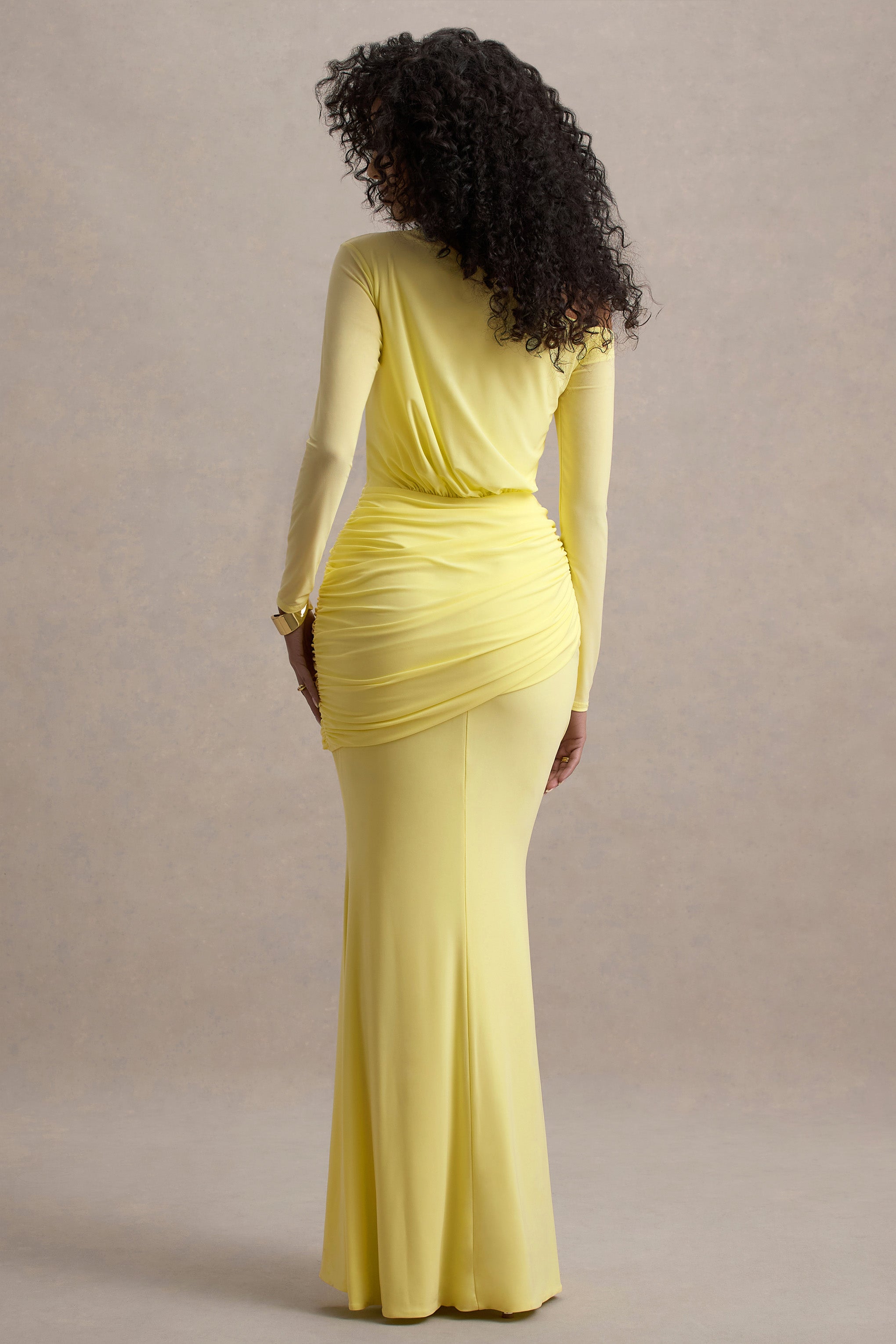 Deanna | Lemon Asymmetric Long-Sleeve Ruched Maxi Dress-Sowoom