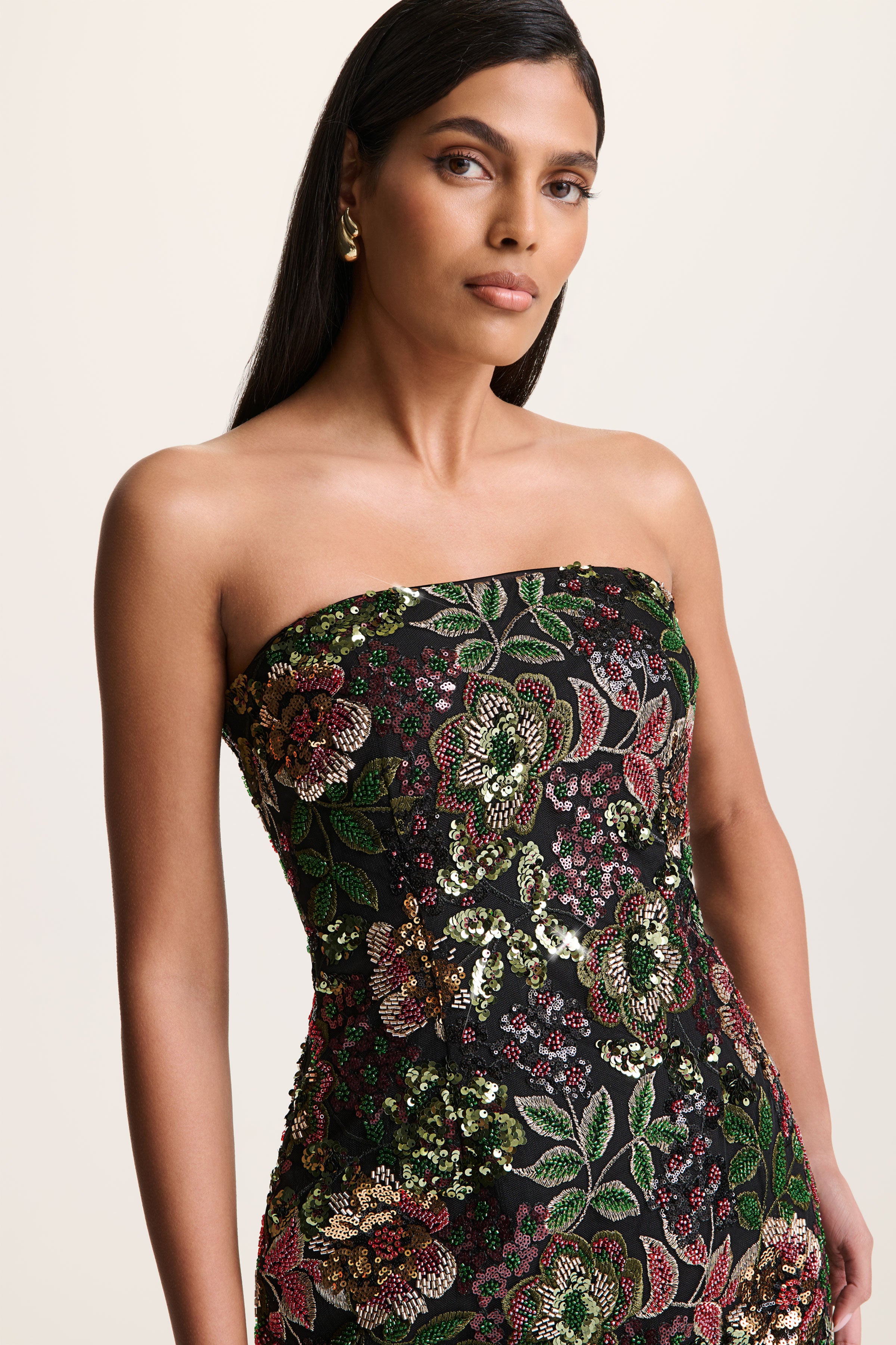 Cora | Winter Floral Embellished Mesh Bandeau Maxi Dress With Scarf-Sowoom