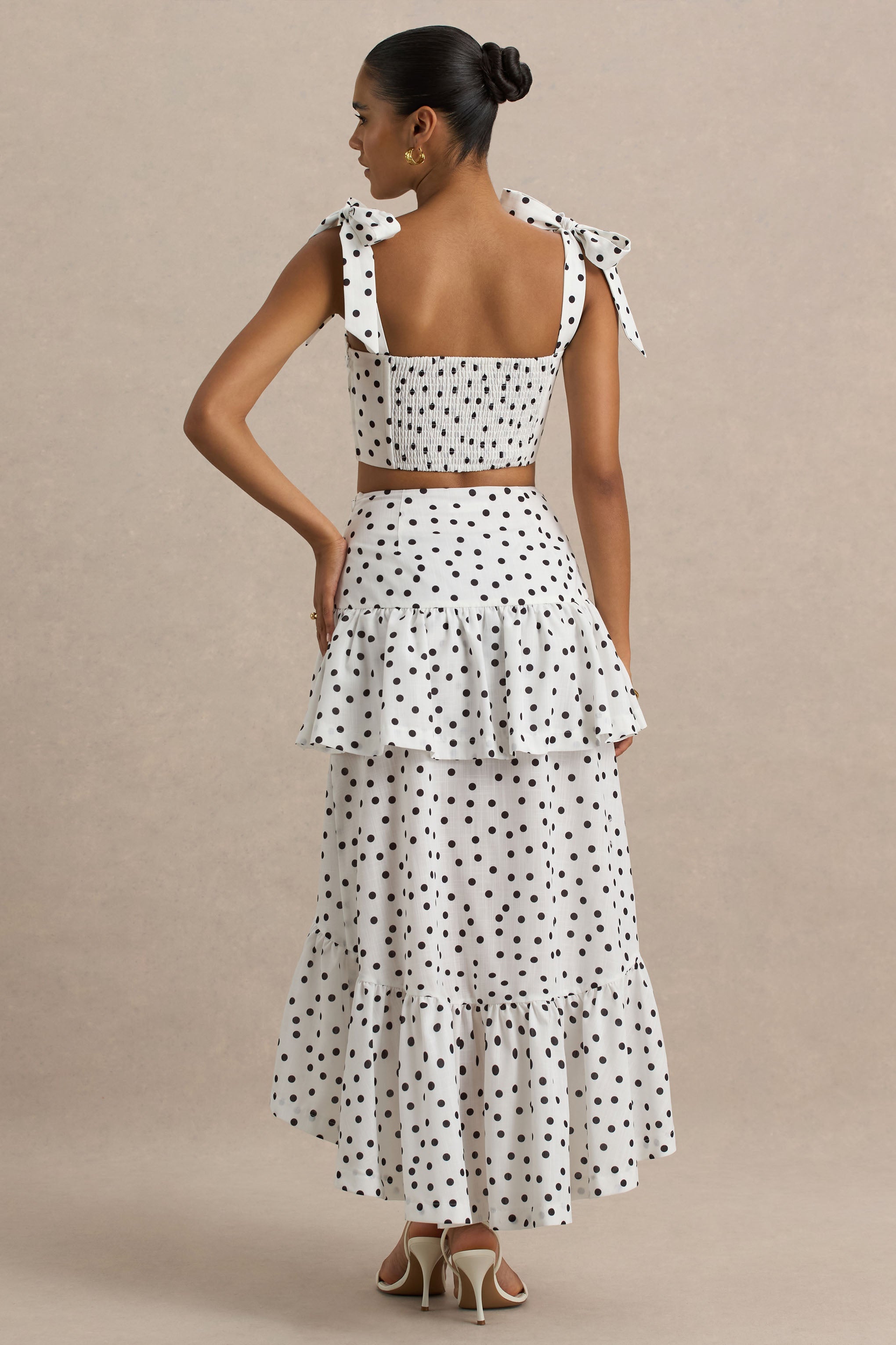 Emry | White Polka Dot High-Waist Maxi Skirt With Ruffle Detail-Sowoom