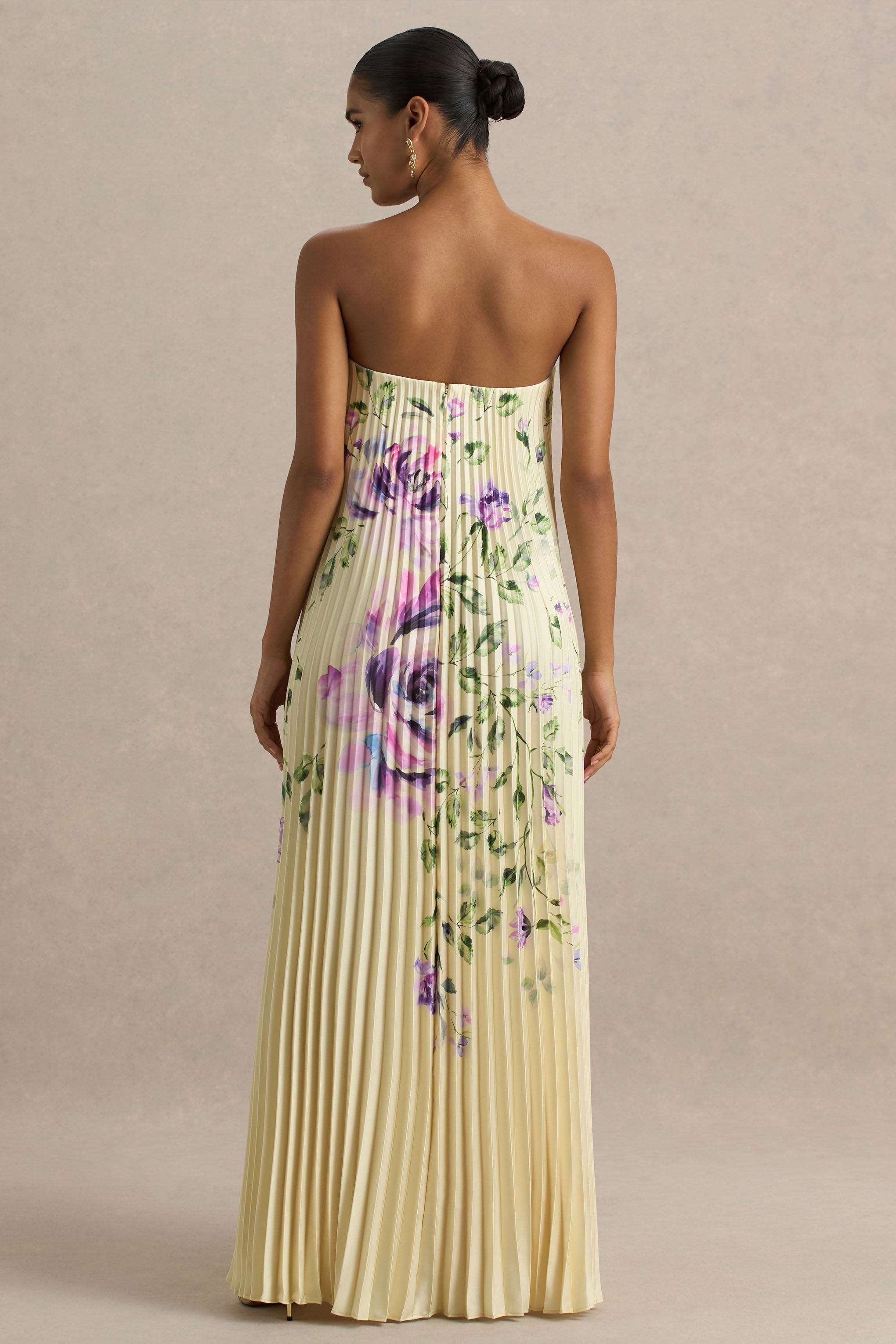 Bergamot | Lemon Rose Print Satin Sweetheart Maxi Dress-Sowoom