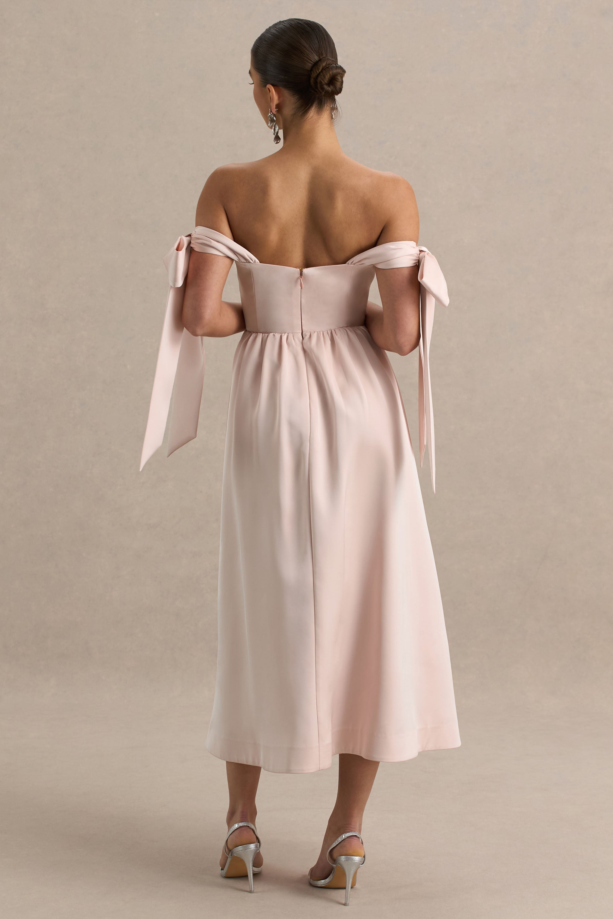 Agafay | Rose Pink Satin Short-Sleeve Bardot Wrap Midi Dress With Bow Detail-Sowoom