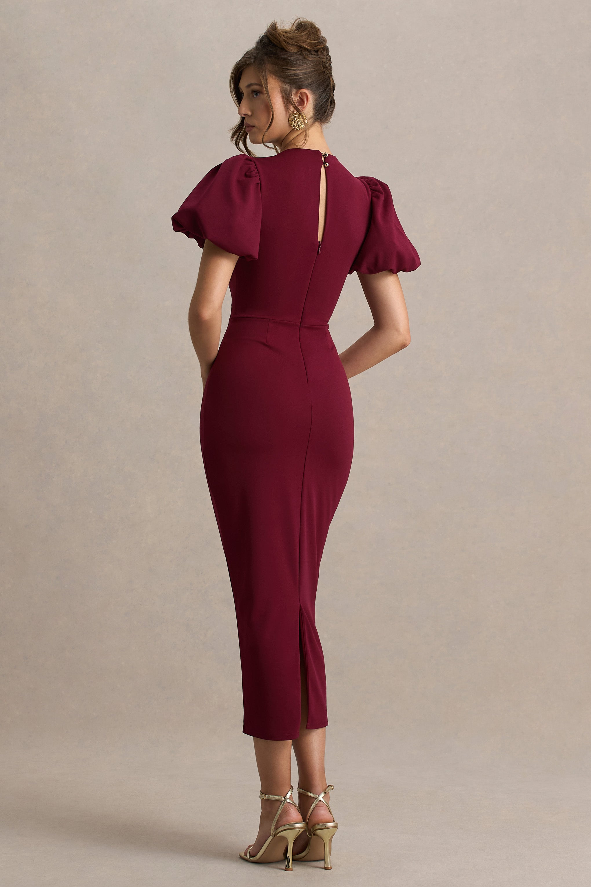 Dakota | Burgundy Puff-Sleeve Midi Dress-Sowoom