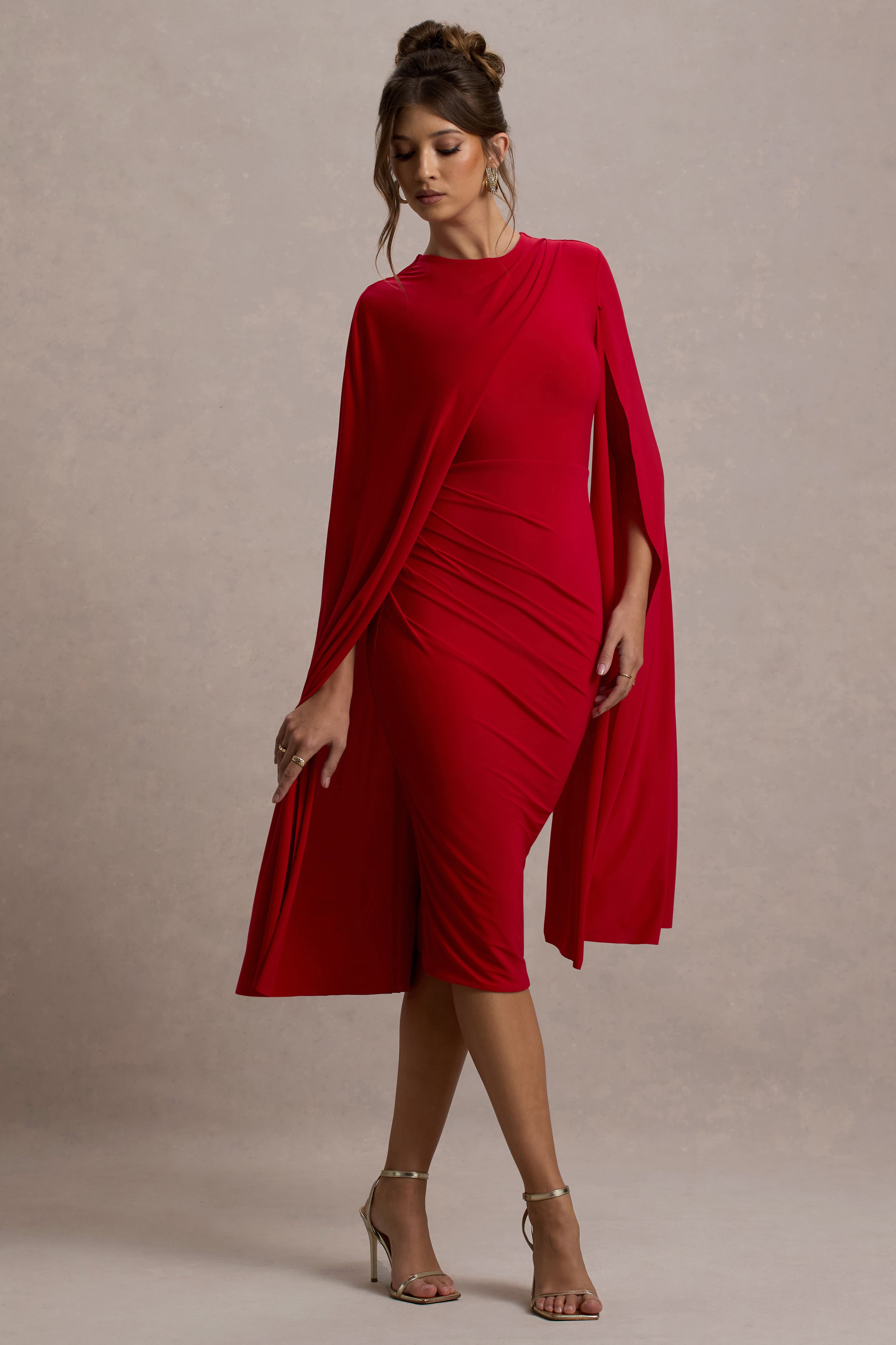 Marysol | Red Asymmetric Cape Midi Dress-Sowoom