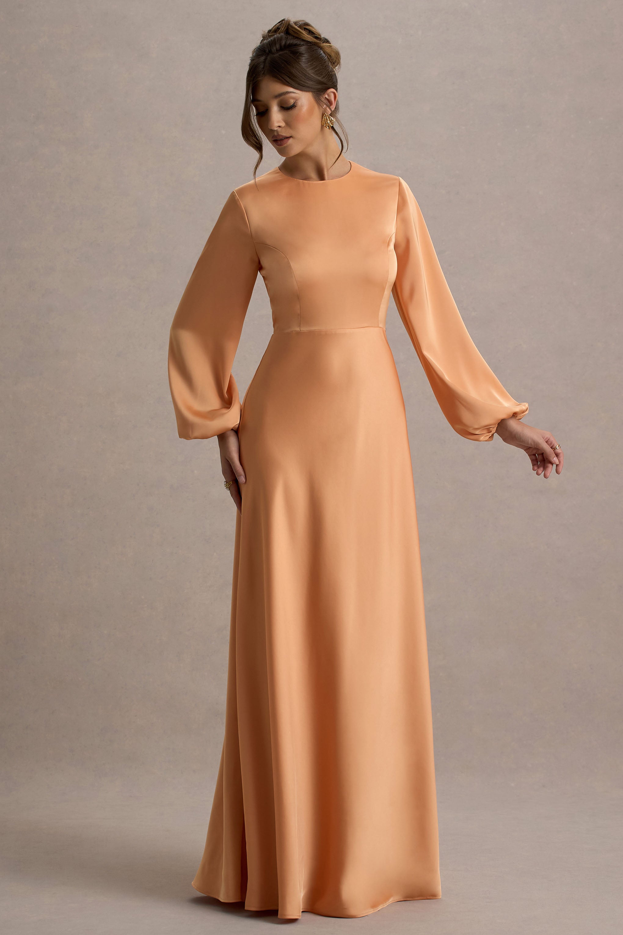 Crawley | Peach Satin Puff-Sleeve Maxi Dress-Sowoom