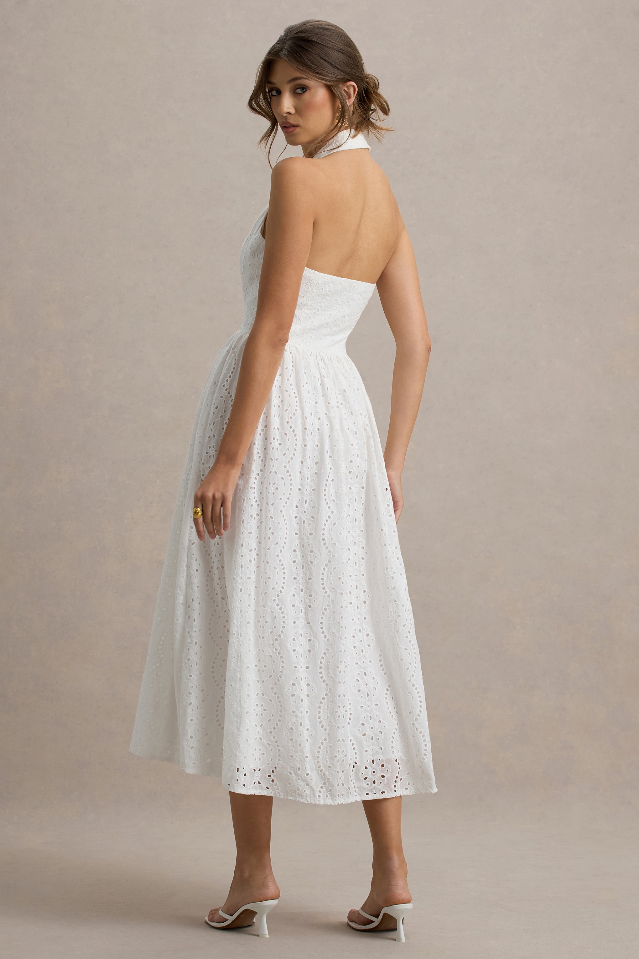 Jezebel | White Lace Plunge-Neck Collared Midi Dress-Sowoom