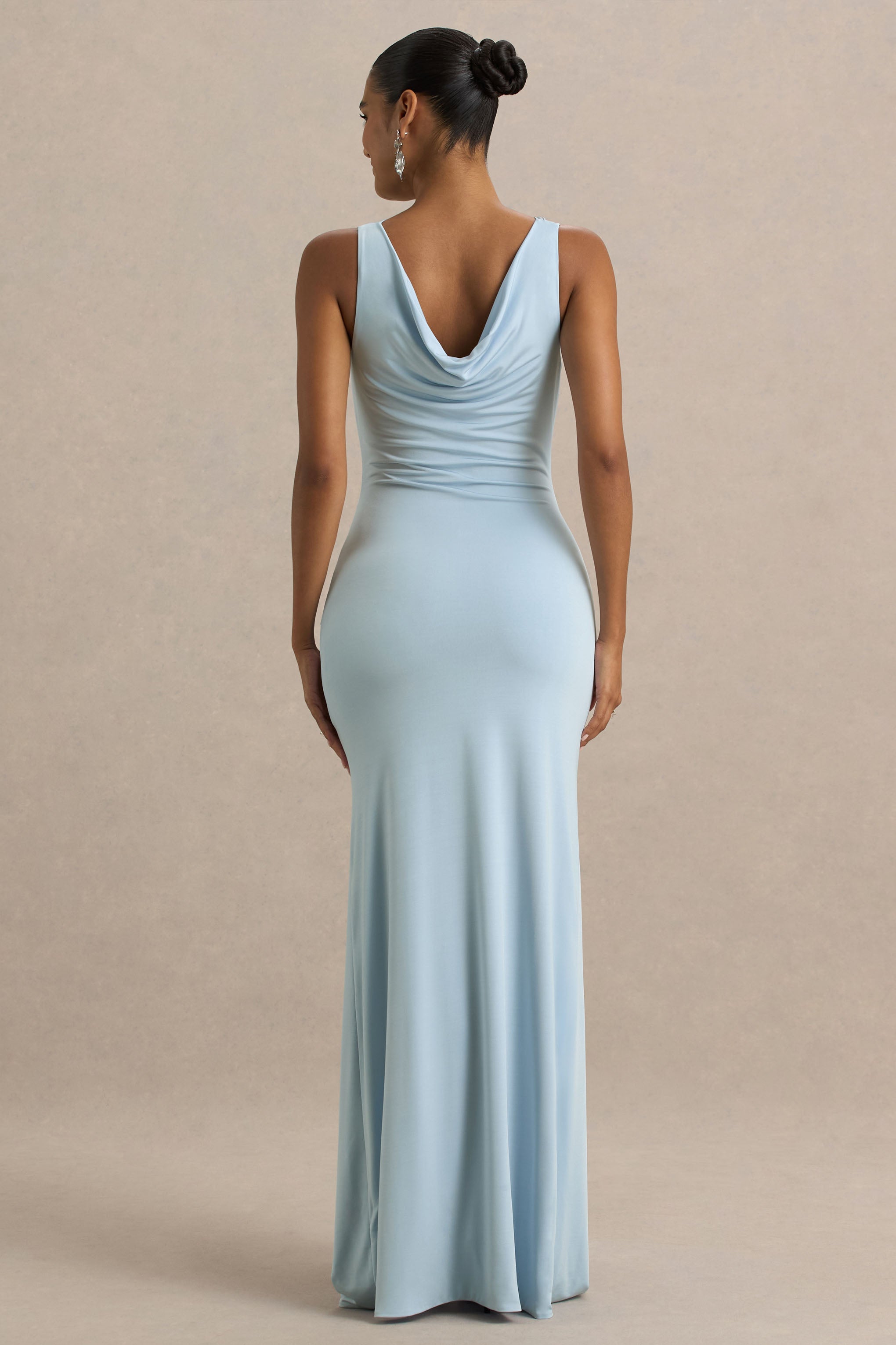 Pure Affection | Powder Blue Cowl-Neck Maxi Dress With Ruched Detailing And Front High Split-Sowoom