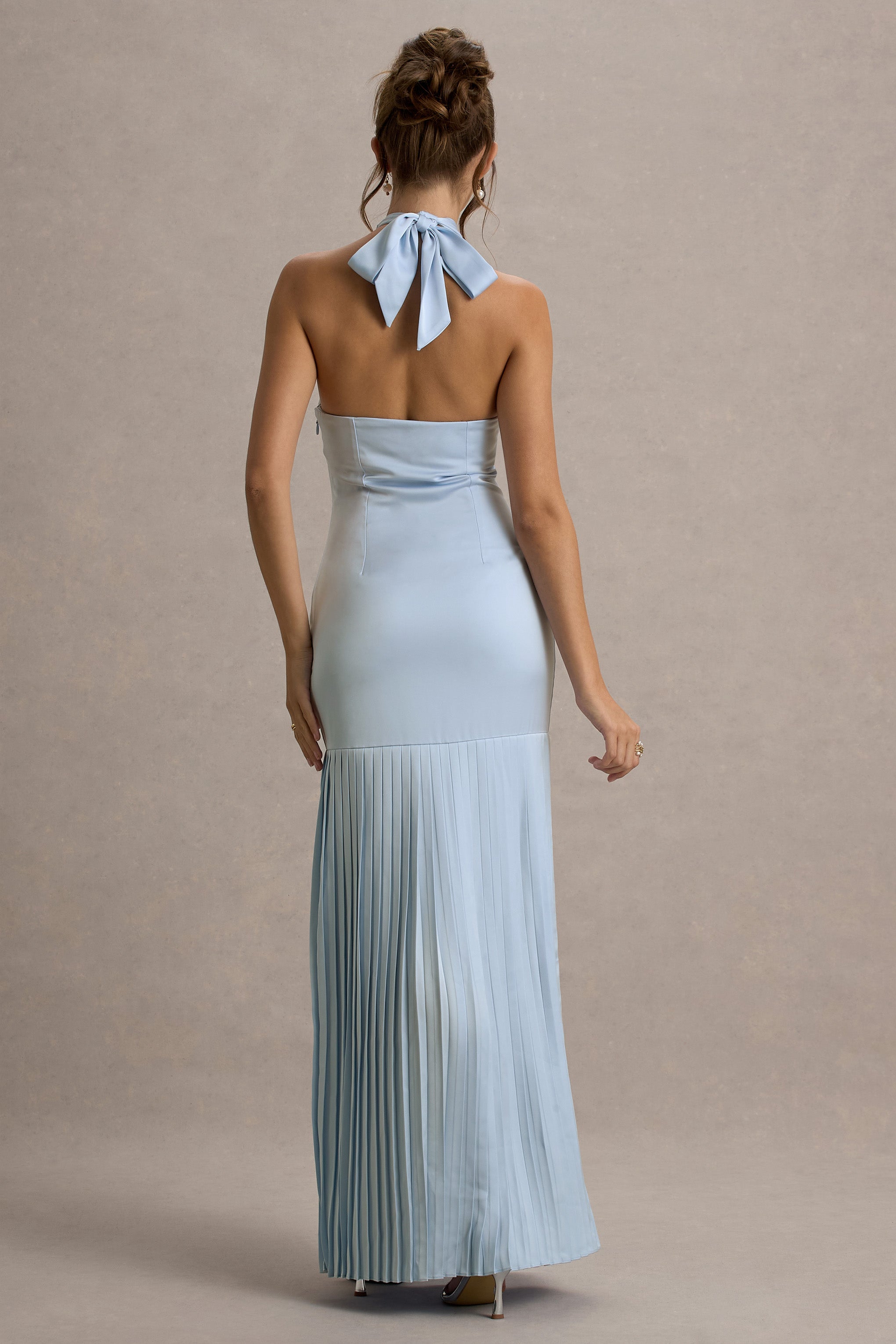 Sansa | Powder Blue Satin Cross Halter-Neck Plisse Maxi Dress-Sowoom