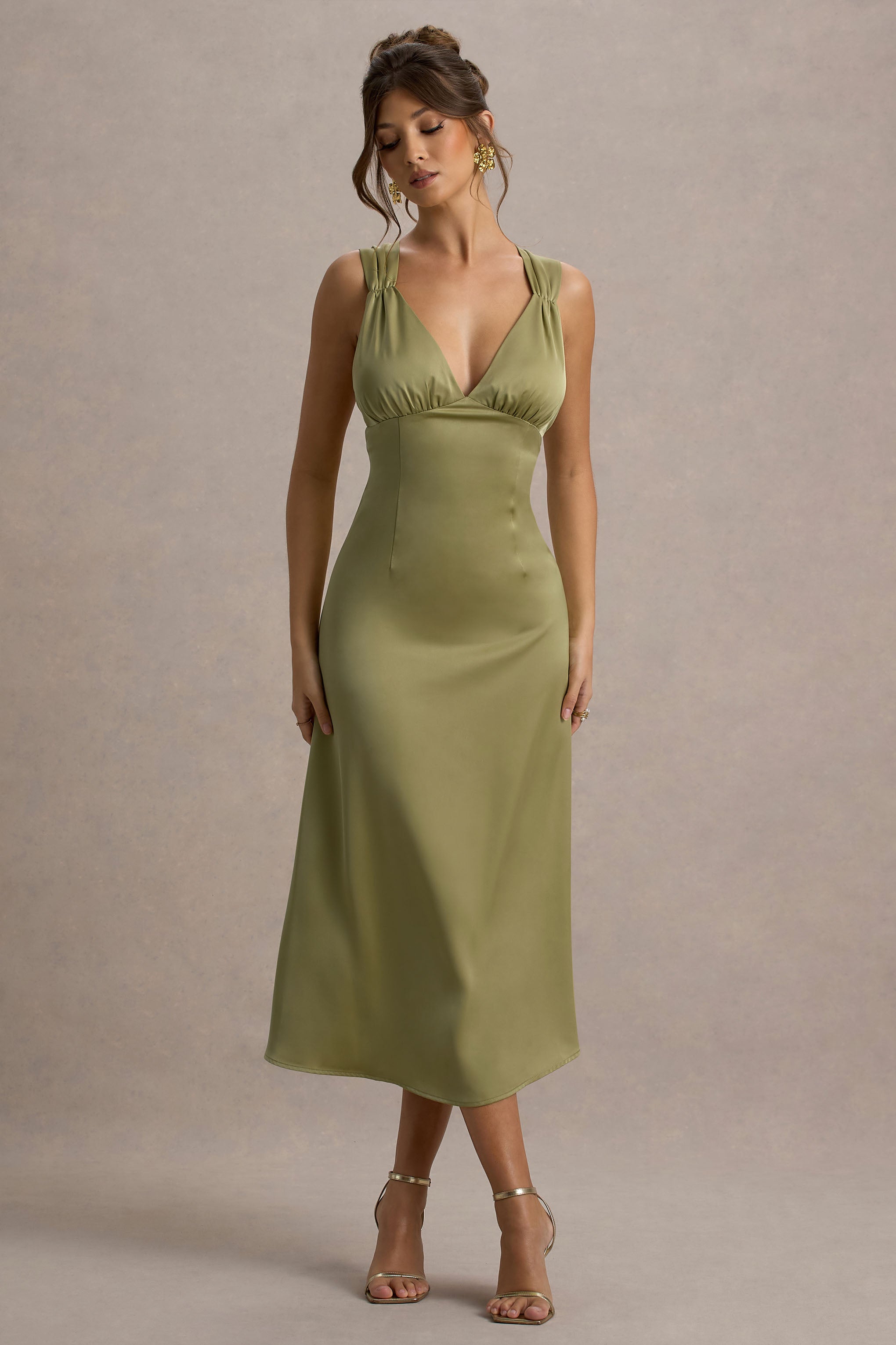 Beck | Light Green Satin Plunge-Neck Cross-Back Midi Dress-Sowoom