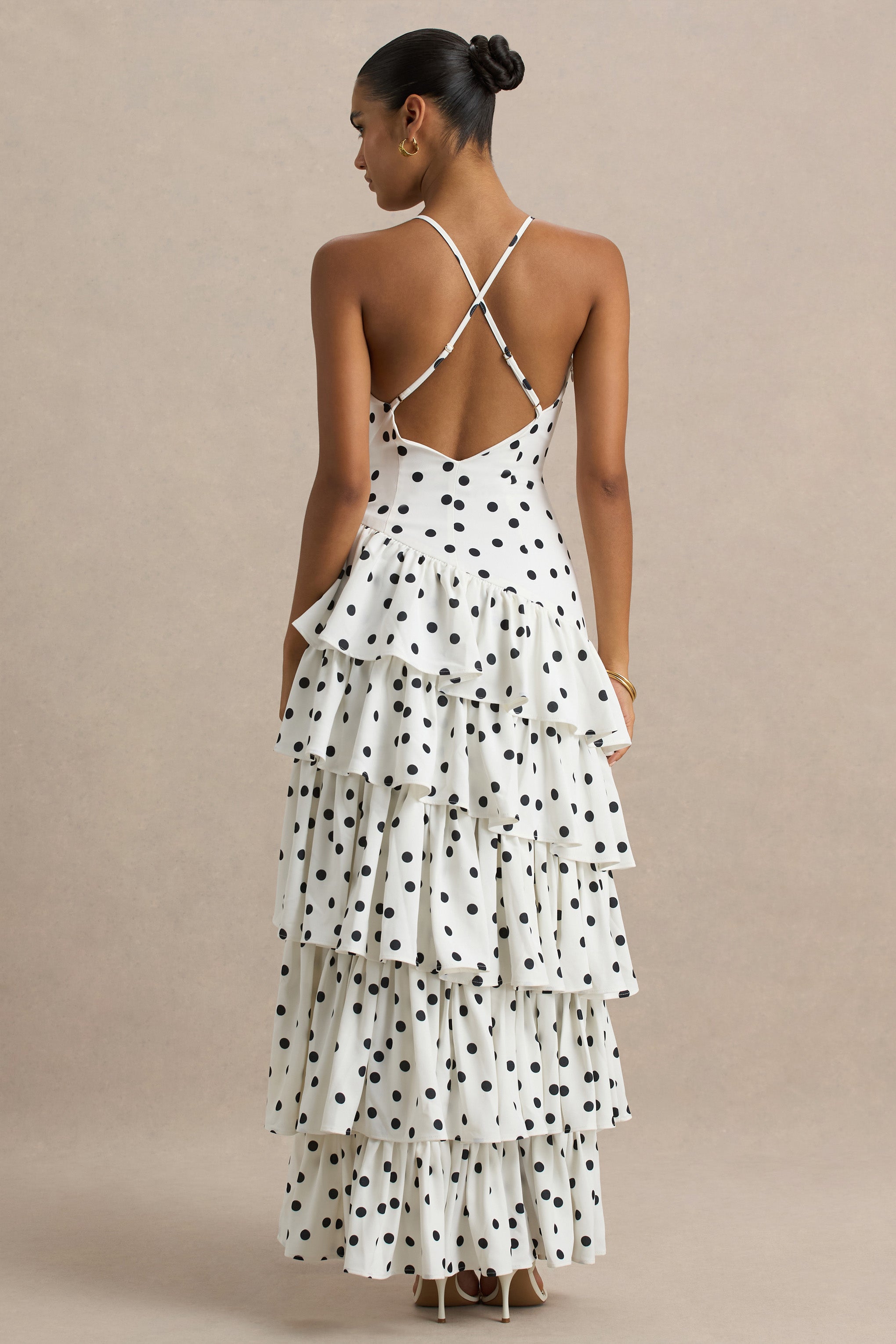 Bogota | Polka Dot Plunge-Neck Maxi Dress With Ruffling Details And Front High Split-Sowoom