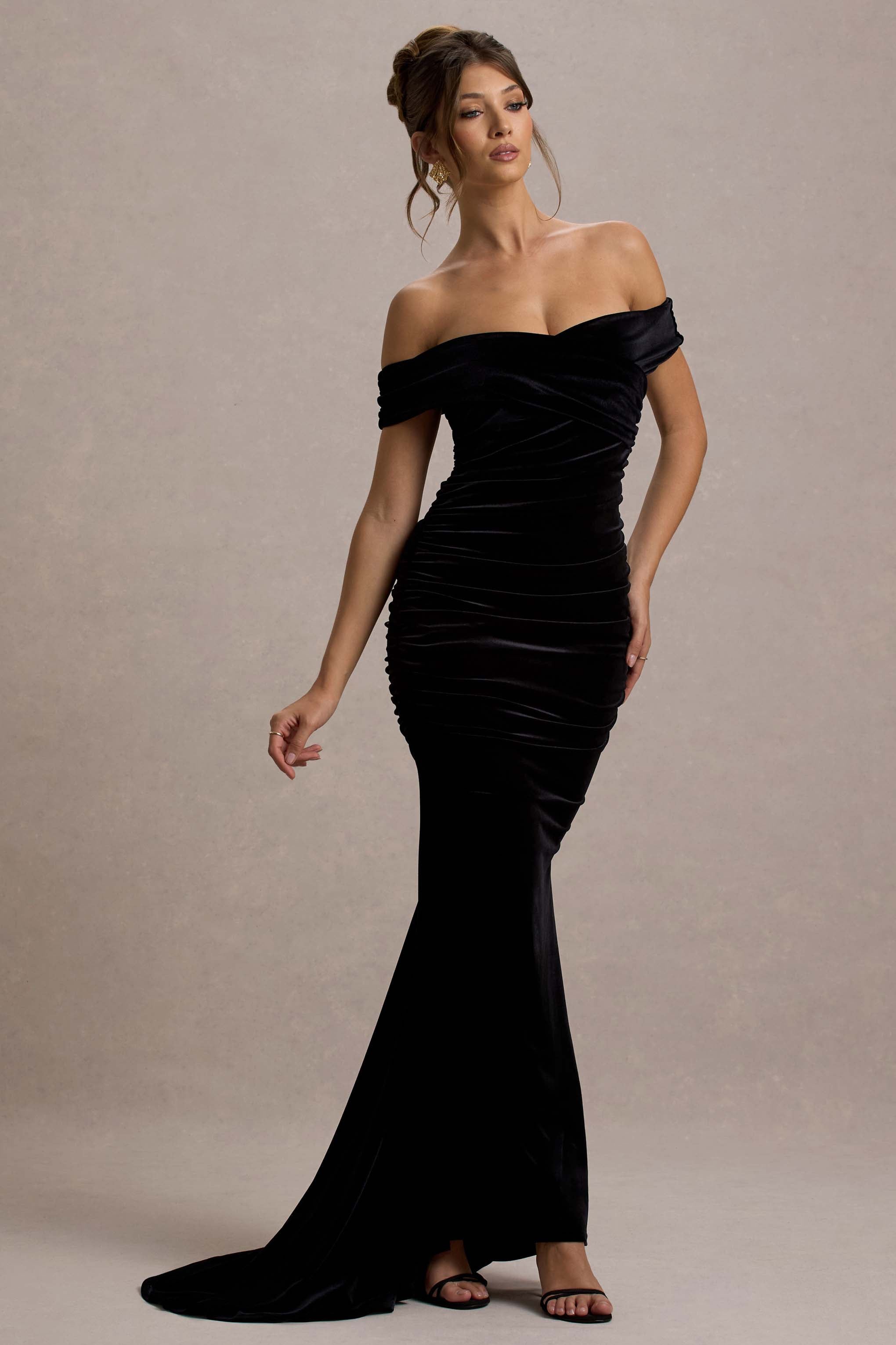 Apolline | Black Velvet Off The Shoulder Ruched Fishtail Maxi Dress-Sowoom