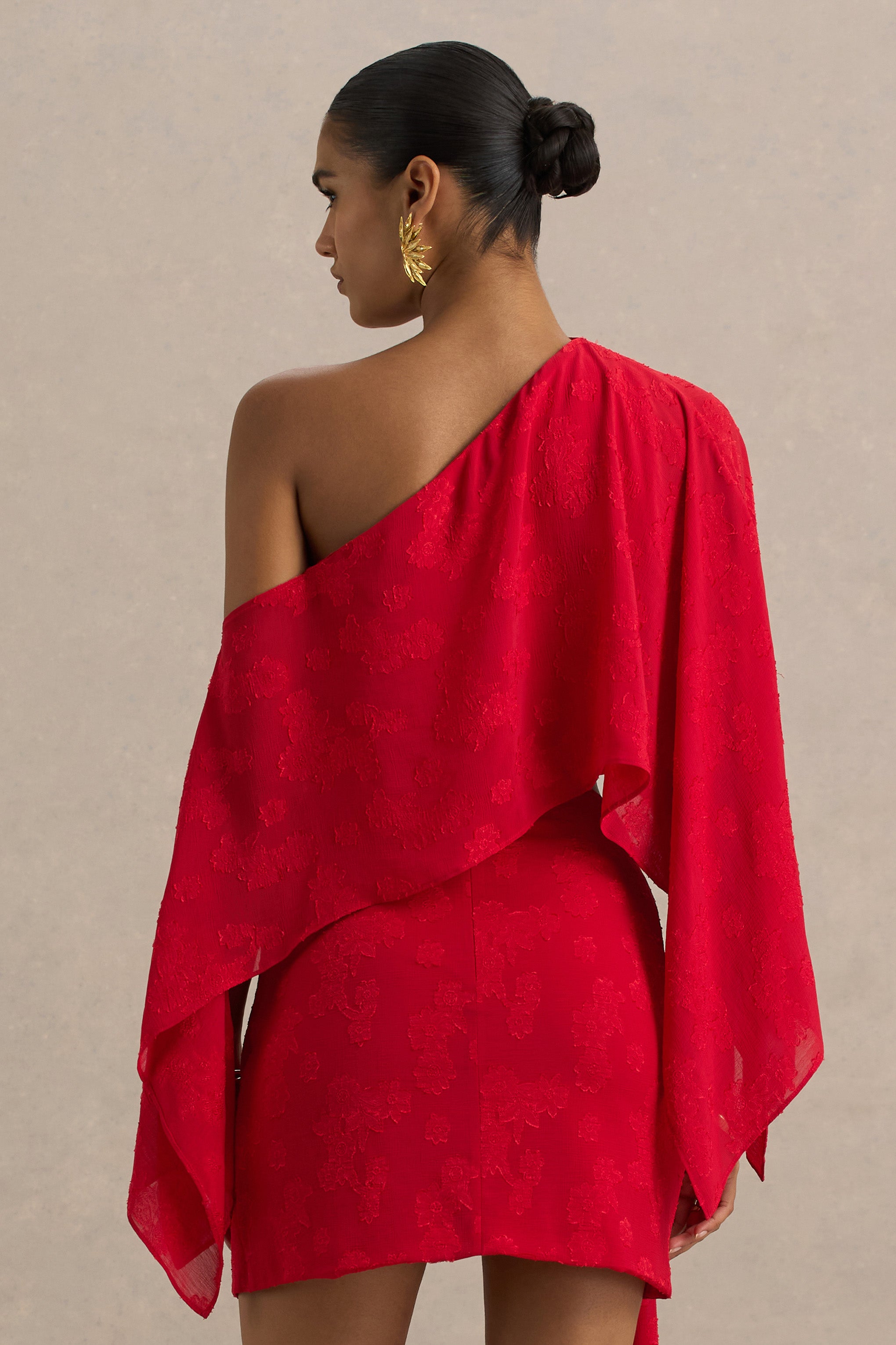 Aruba | Red Satin Devore Asymmetric Long-Sleeve Crop Top-Sowoom
