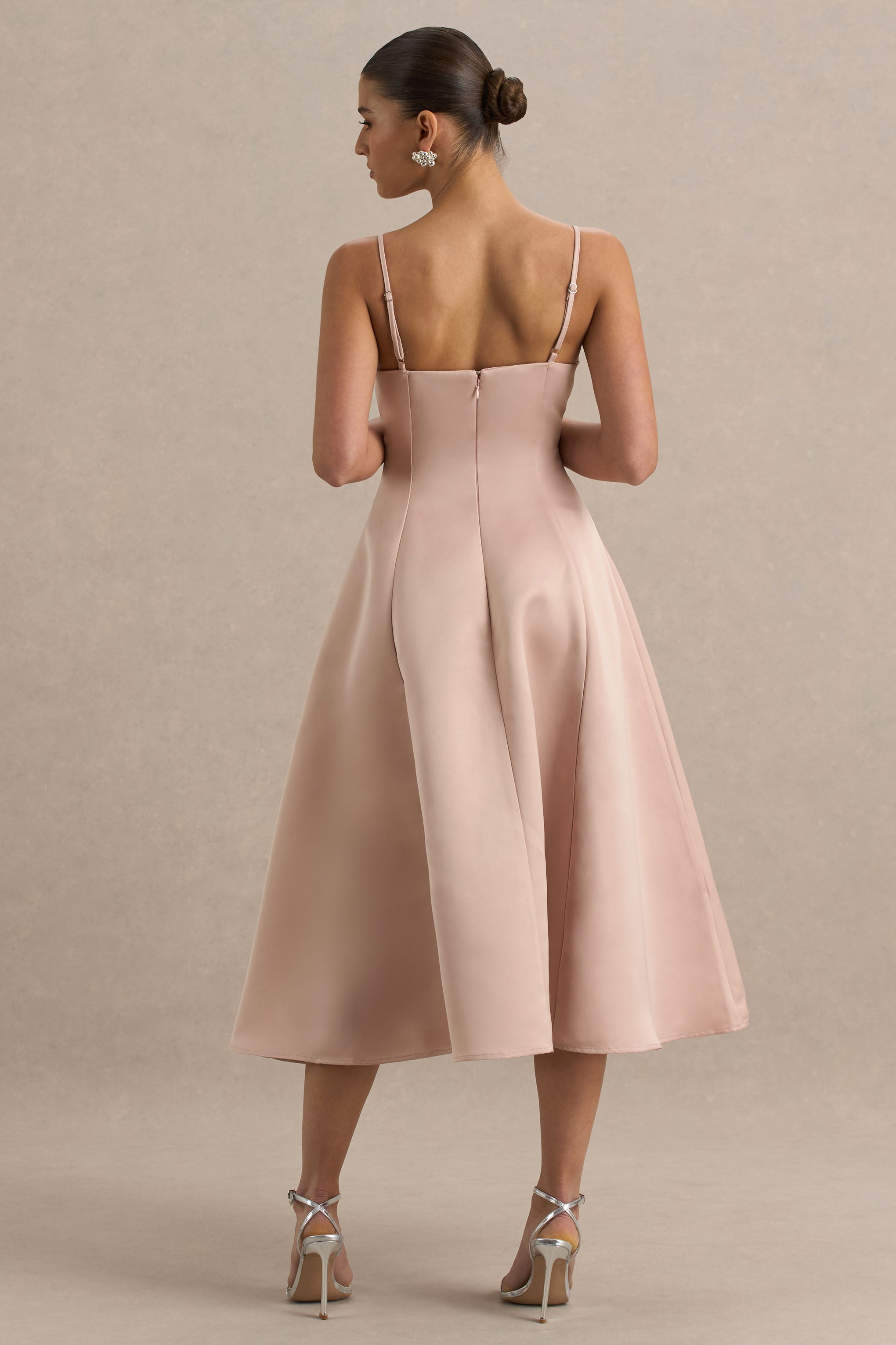 Mally | Rose Pink Satin Sweetheart A-Line Midi Dress-Sowoom