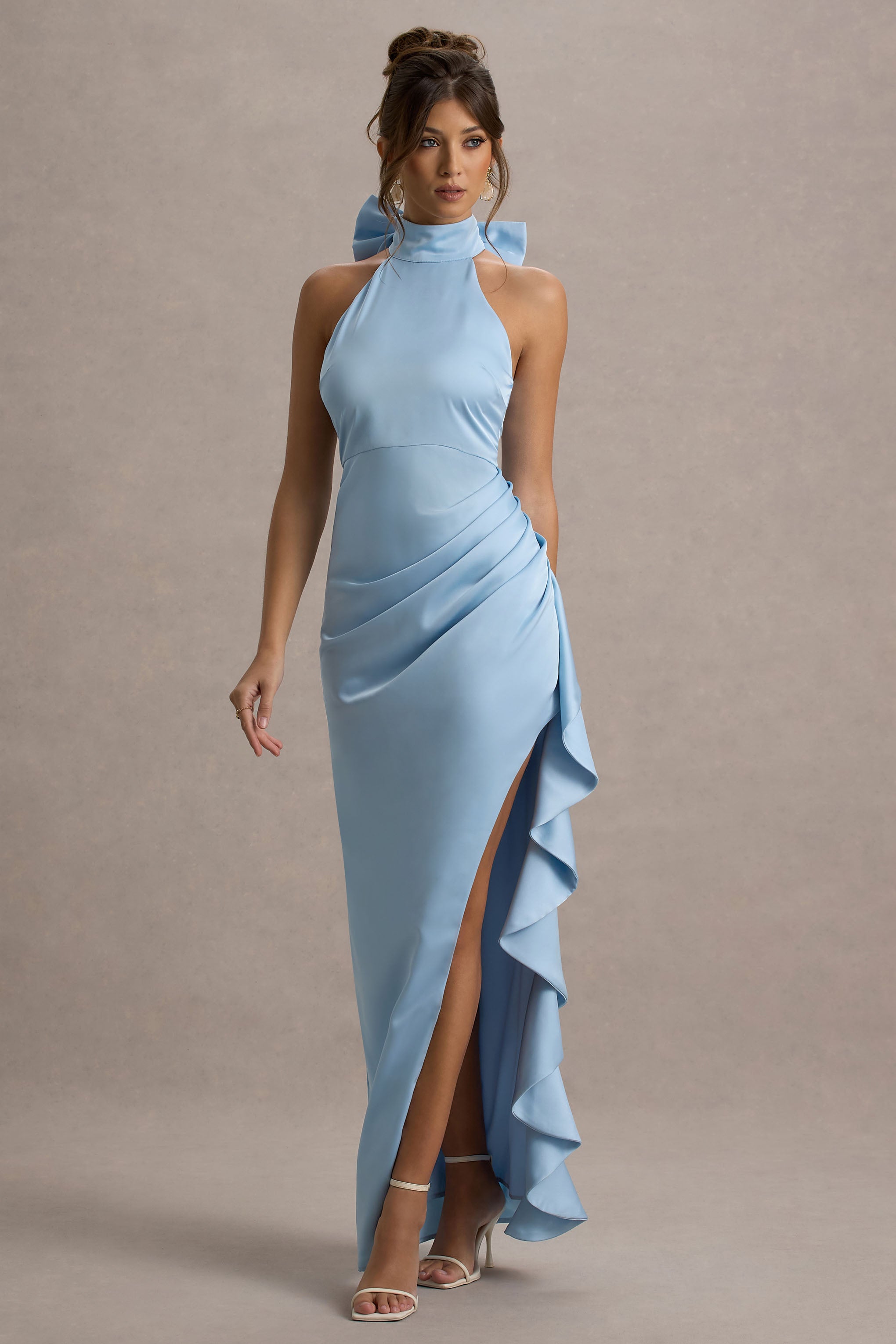 Maureen | Powder Blue Satin High-Neck Draped Maxi Dress-Sowoom