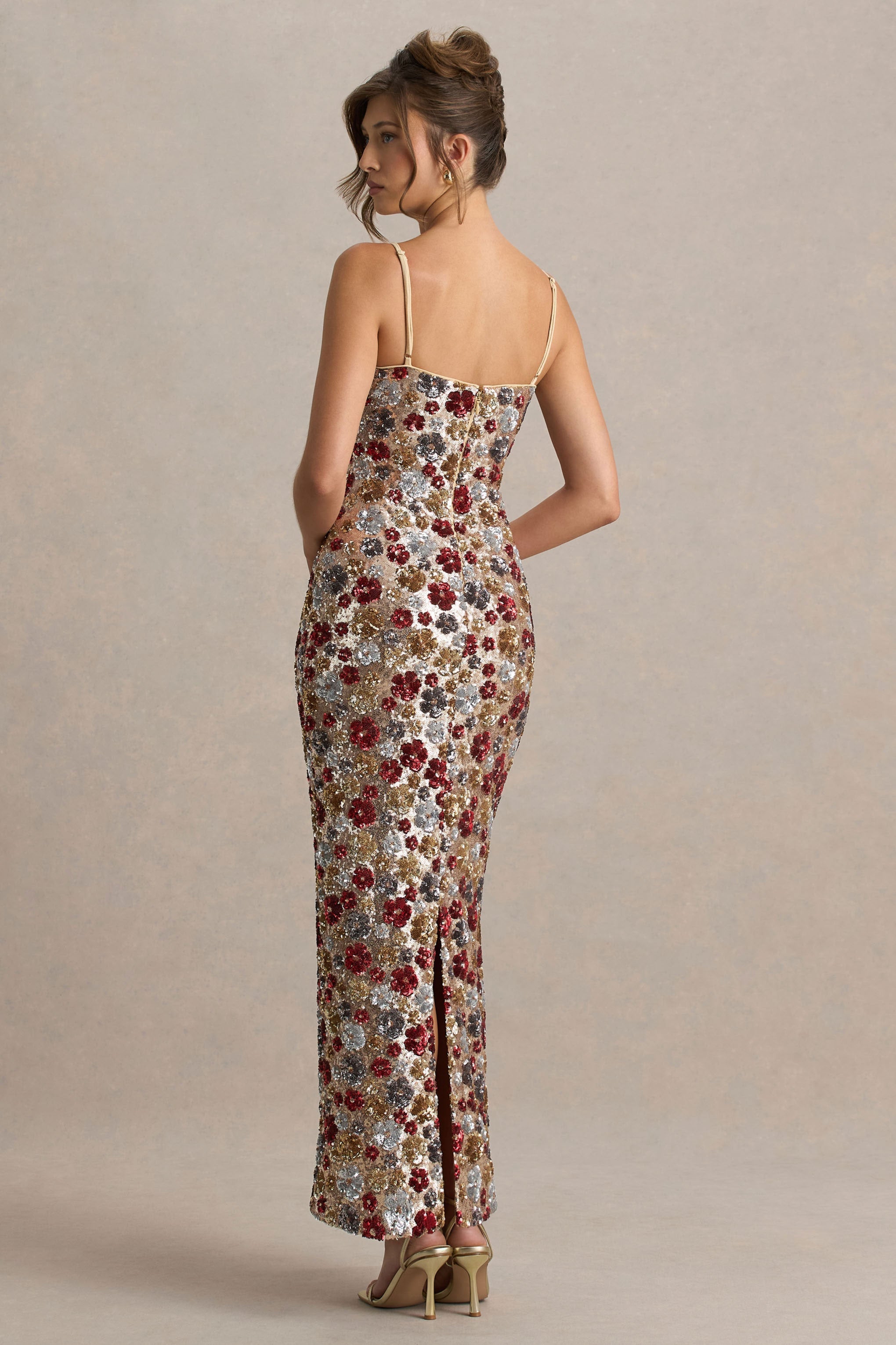 Vitora | Red Floral Embellished Sequin Square-Neck Maxi Dress-Sowoom