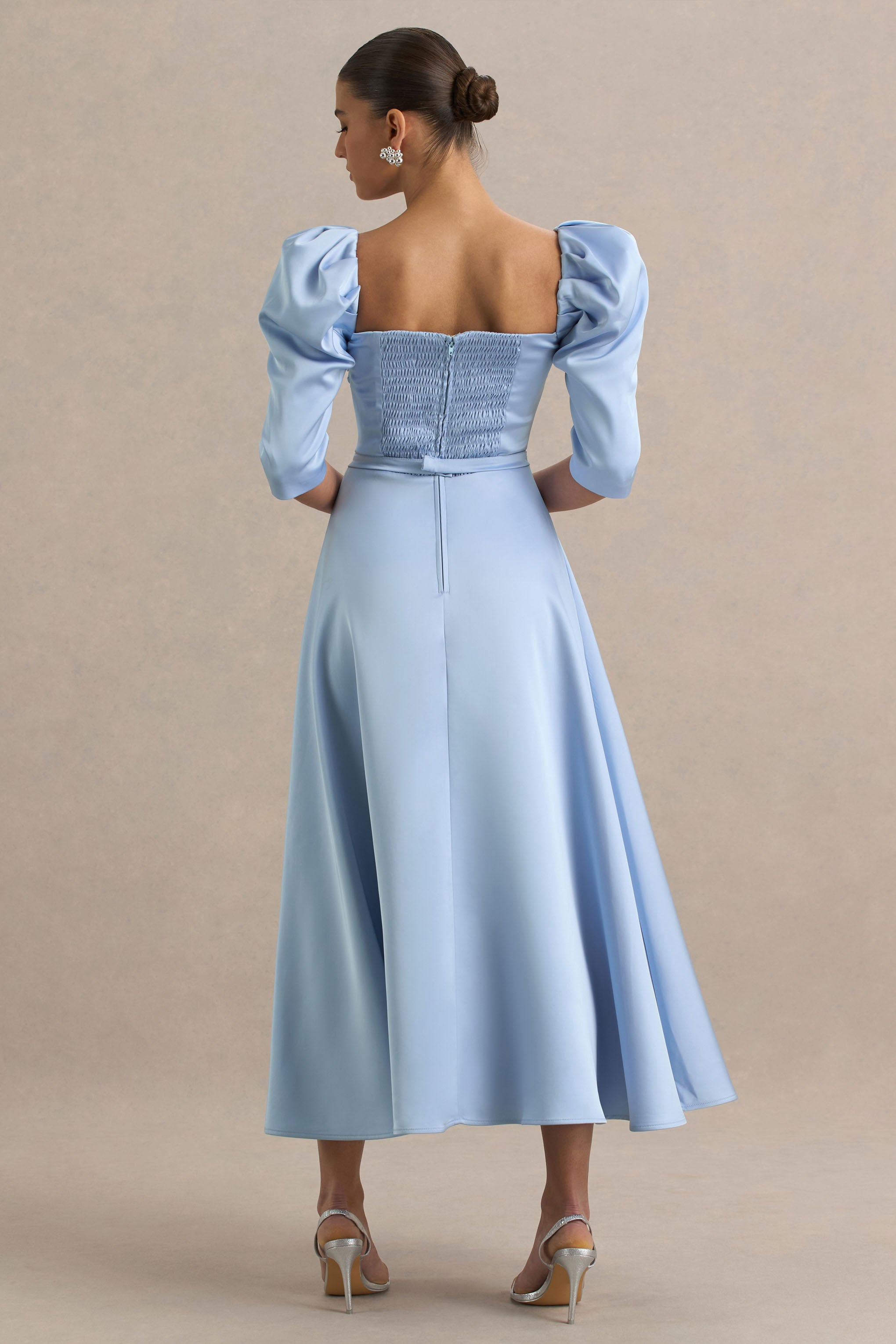 Rosey | Powder Blue Satin Sweetheart Midi Dress-Sowoom