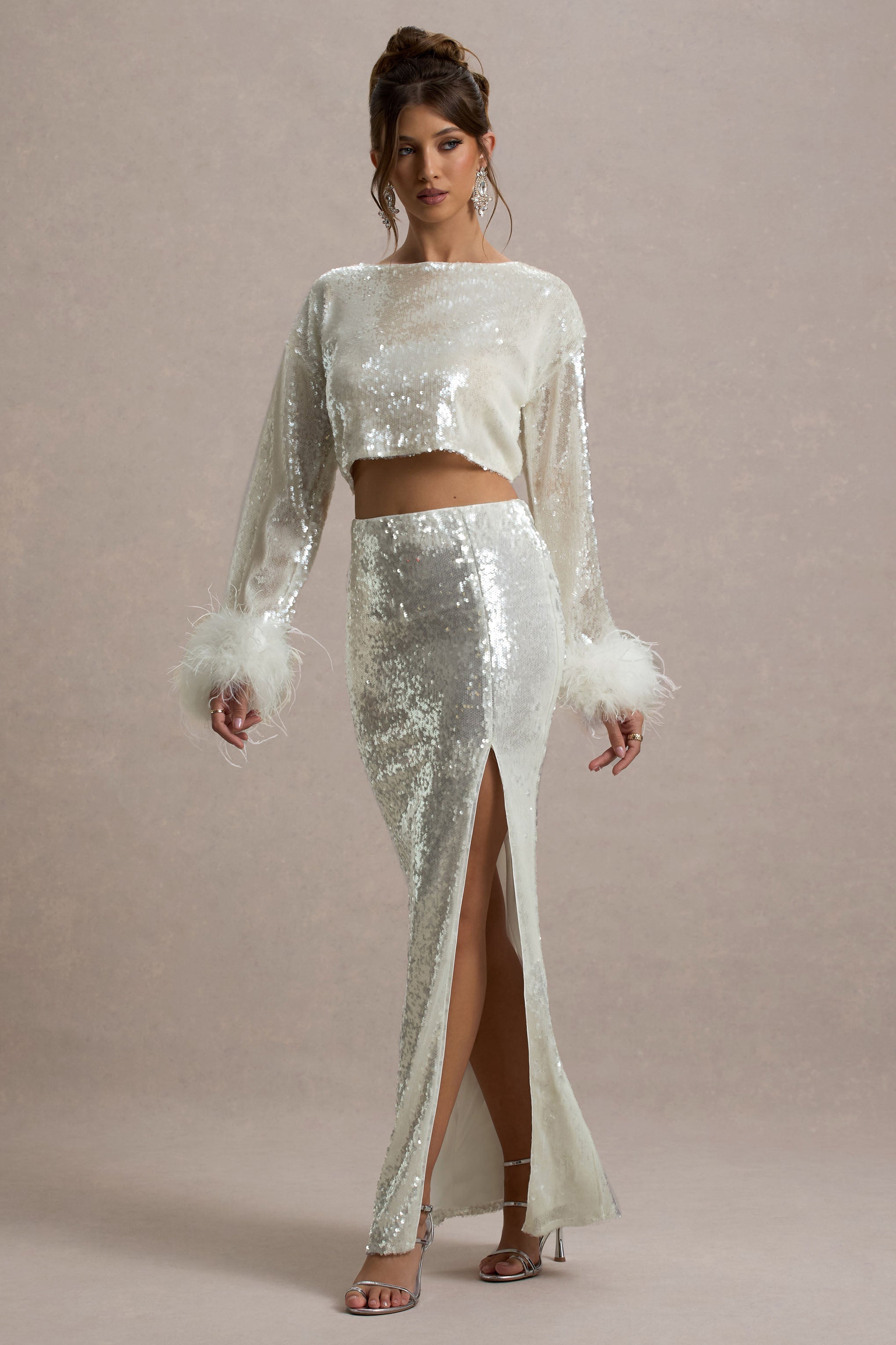 Solita | Sand Sequin Long-Sleeve Crop Top With Feather Trim-Sowoom
