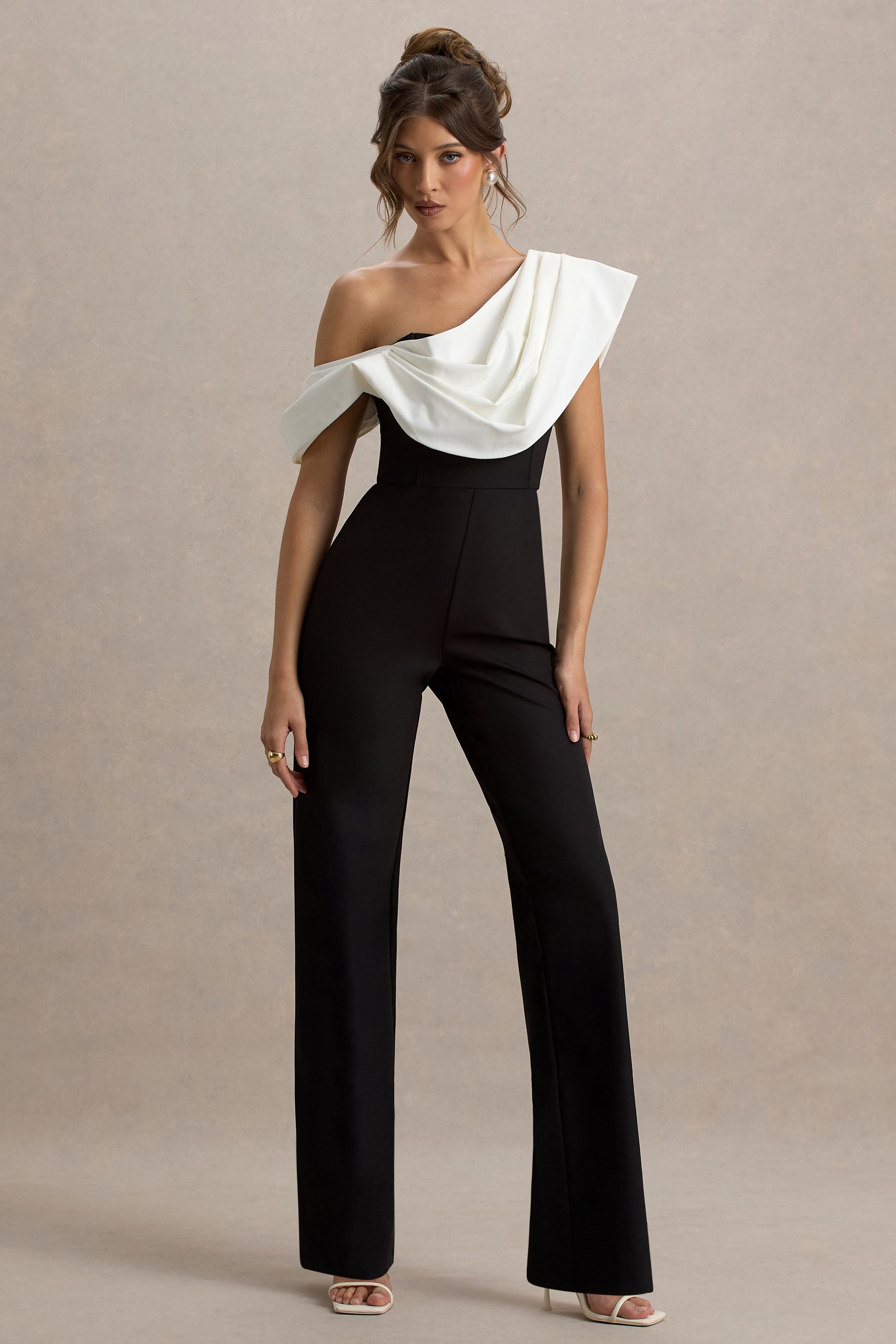 Falling For You | Black & White Asymmetric Draped Jumpsuit-Sowoom