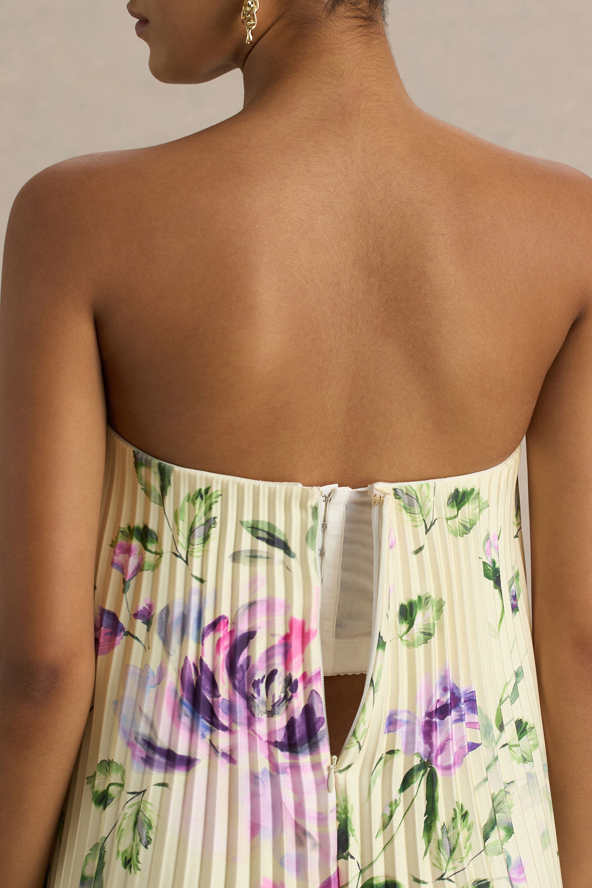 Bergamot | Lemon Rose Print Satin Sweetheart Maxi Dress-Sowoom