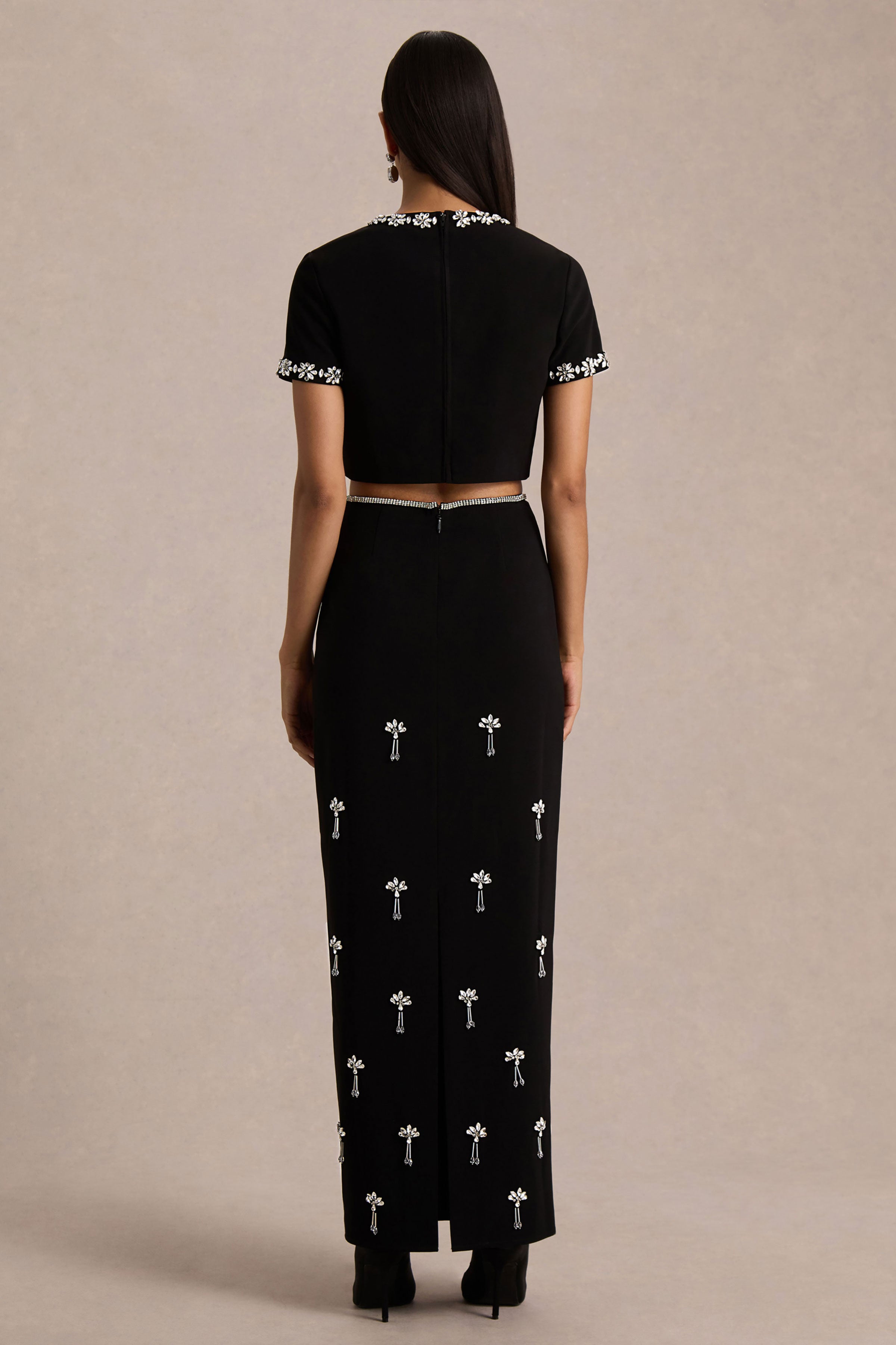 Aven | Black Hand-Embellished Maxi Skirt-Sowoom